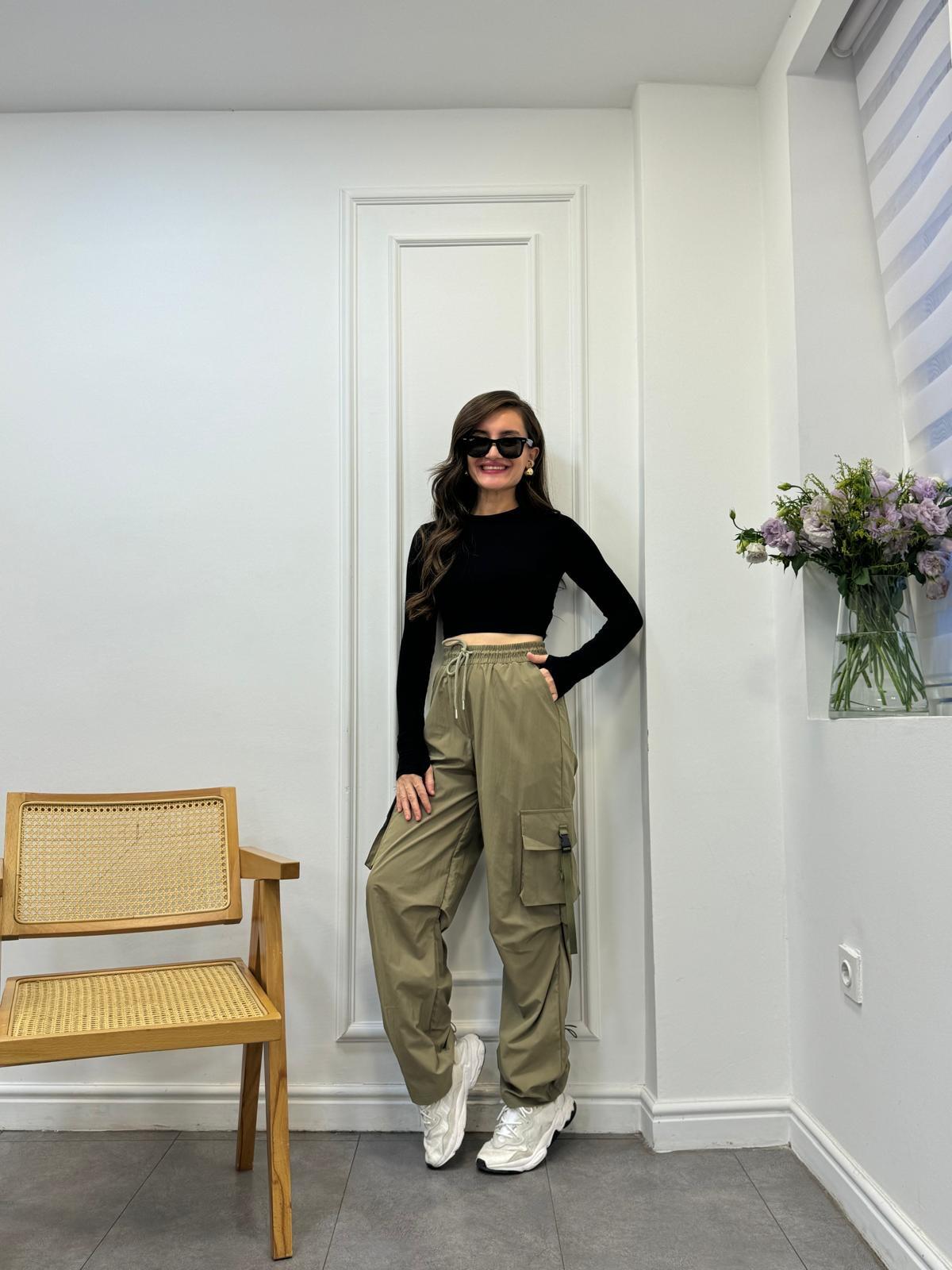 Haki Yan Cepli Paraşüt Pantolon 28493