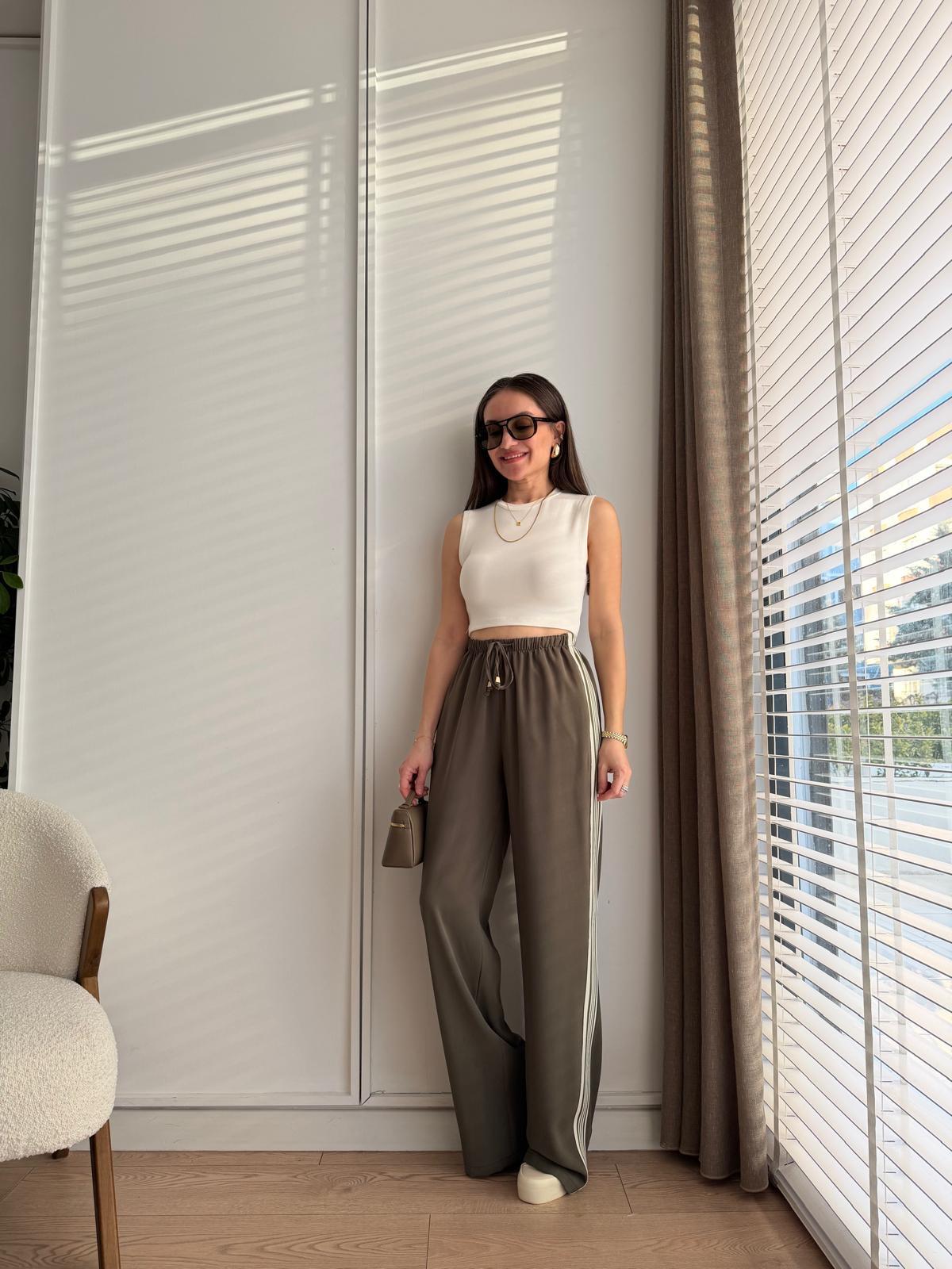 Haki Yanları Şeritli Bel lastikli Pantolon 51294