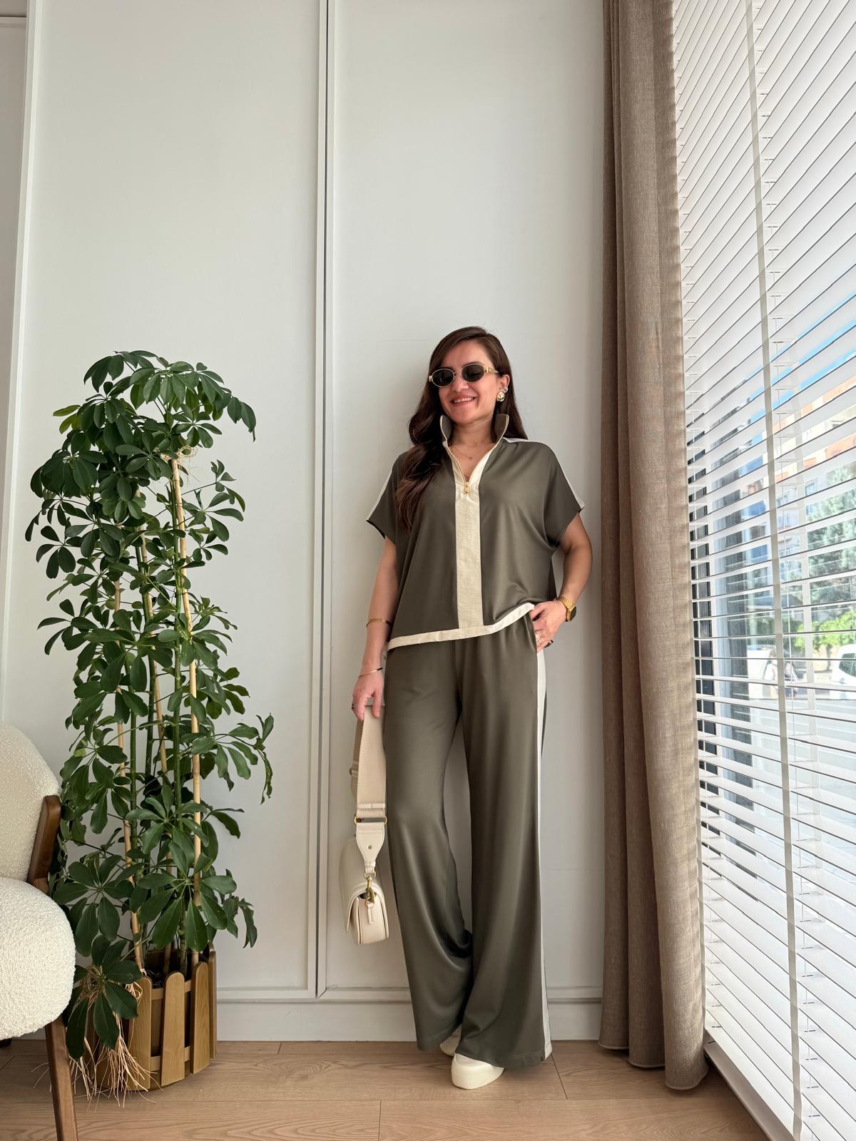 Haki Yarım Fermuarlı Alt Büzgülü Modal Takım 36497