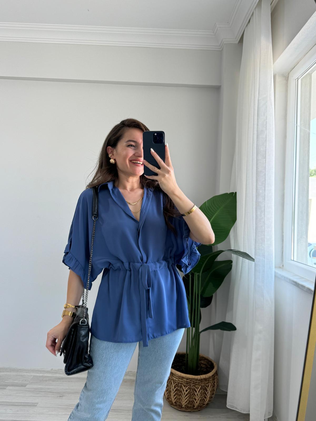 İndigo Beli Büzgülü Kolları Fırfırlı Gömlek 5035