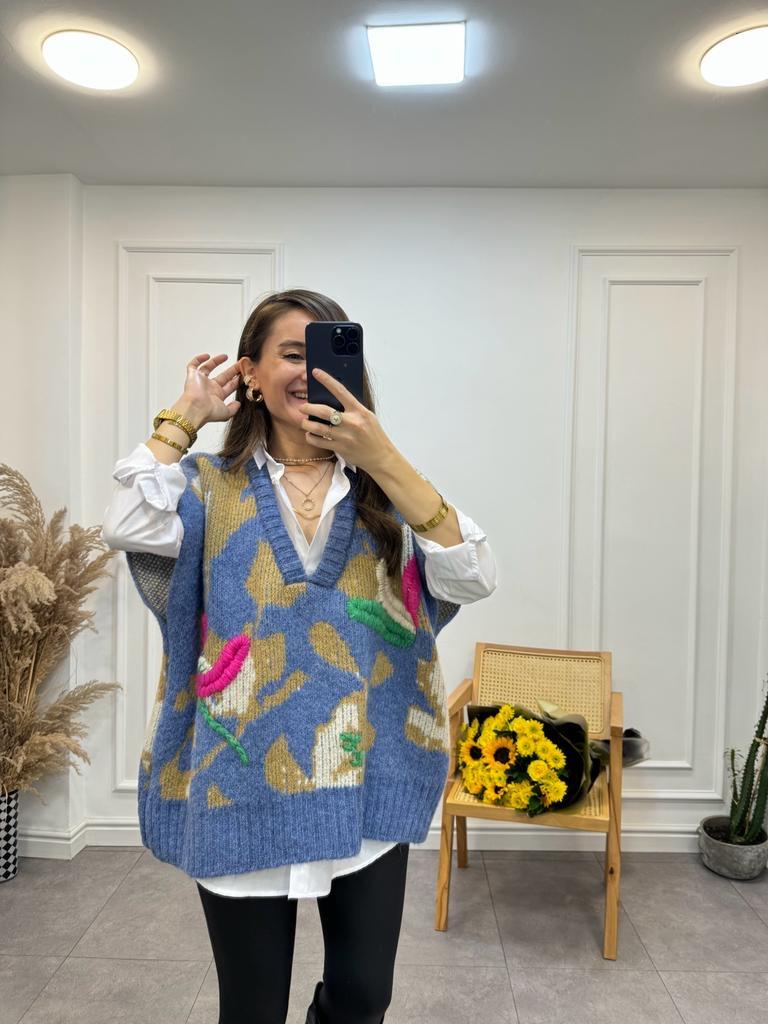 İndigo Camel Desenli Süveter Gömlek Takım 93733