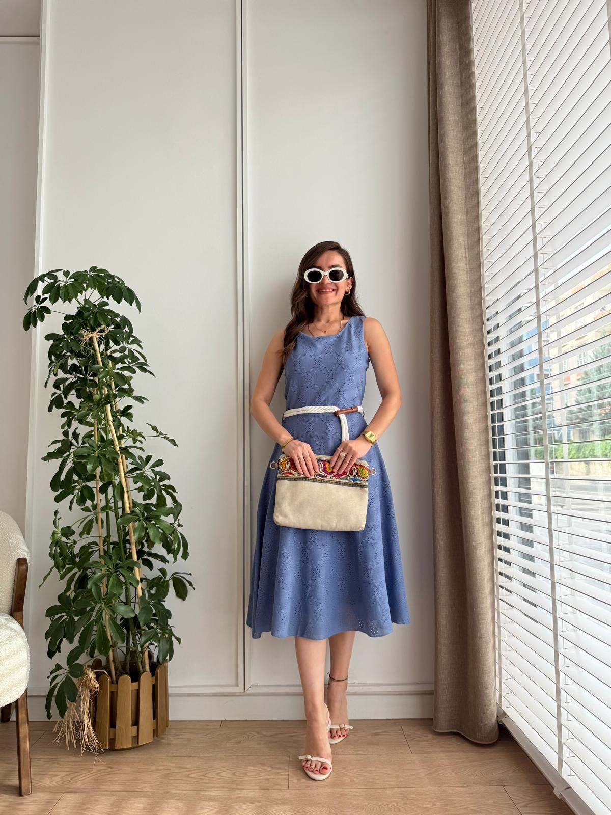 İndigo Desenli Halat Kemerli Elbise 26095