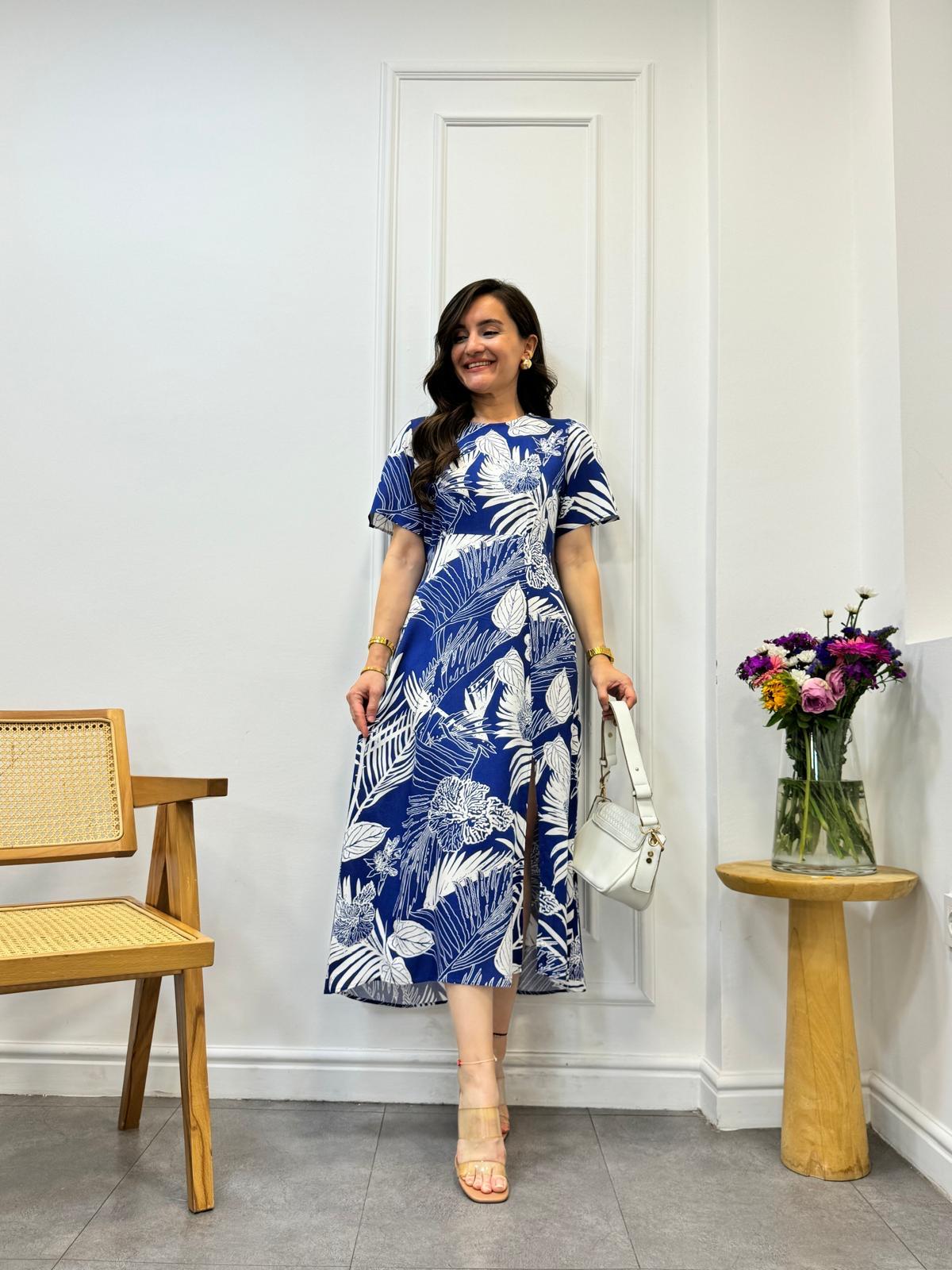 İndigo Desenli Yırtmaçlı Elbise 9967