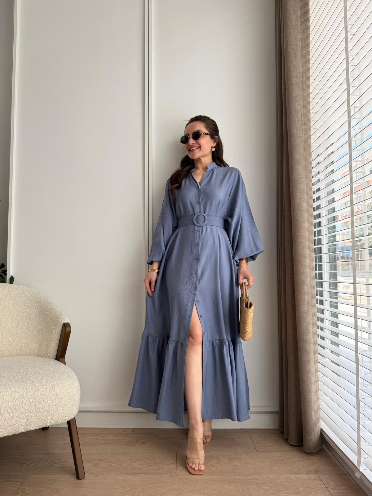 İndigo Düğmeli Kemer Detaylı Elbise 517