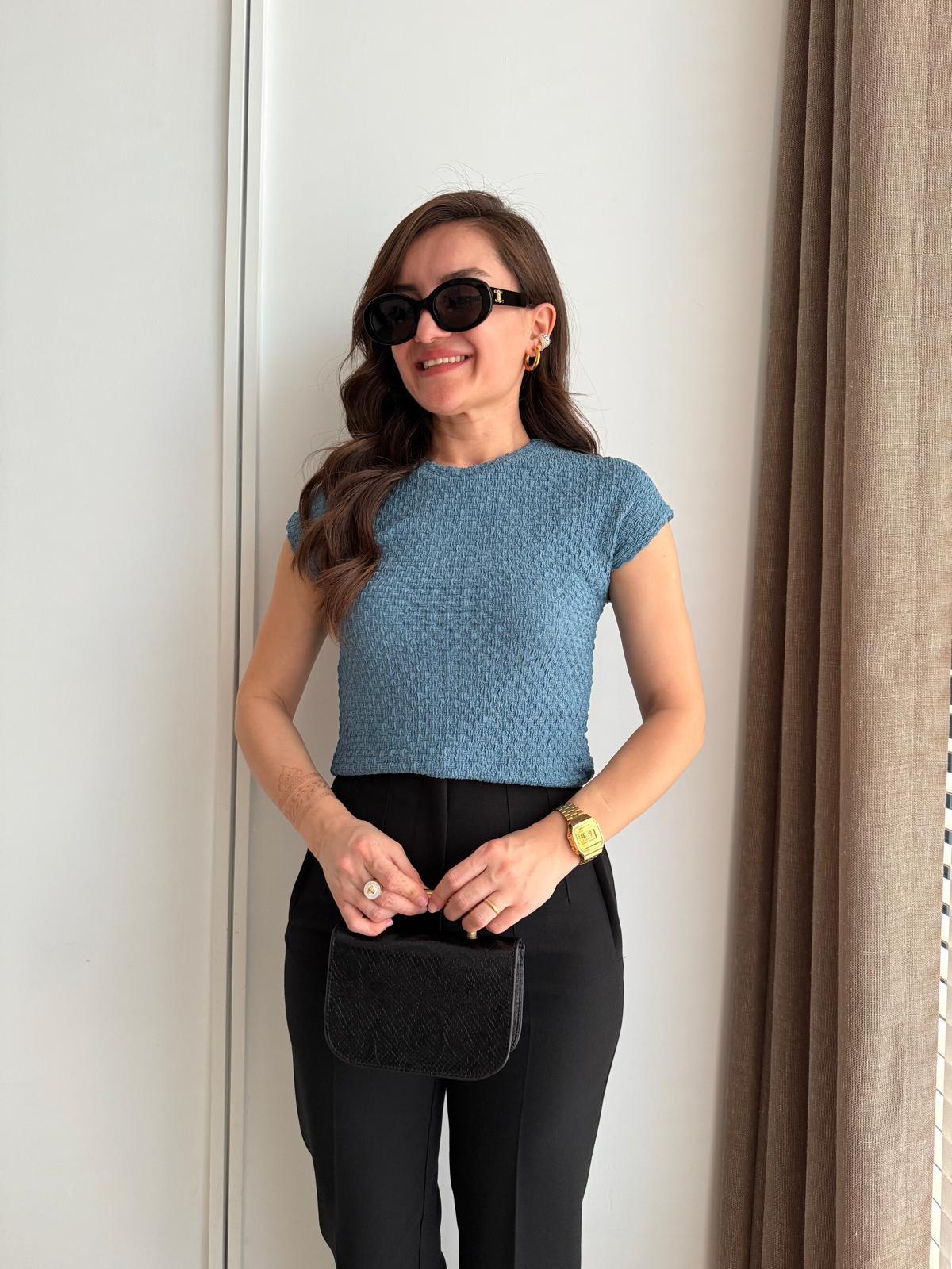 İndigo Gofre Kumaş Bisiklet Yaka Tshirt 08634