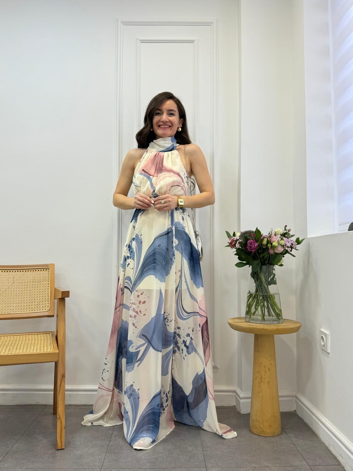 İndigo Halter Yaka Desenli Şifon Elbise 3242