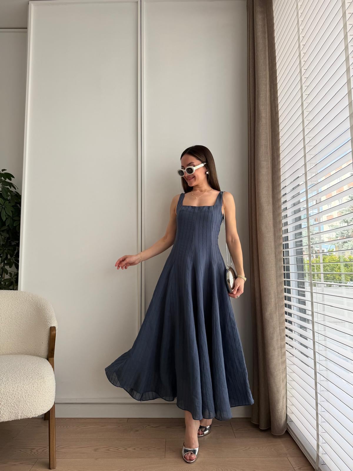 İndigo Kalın Askılı Şönili Elbise 207