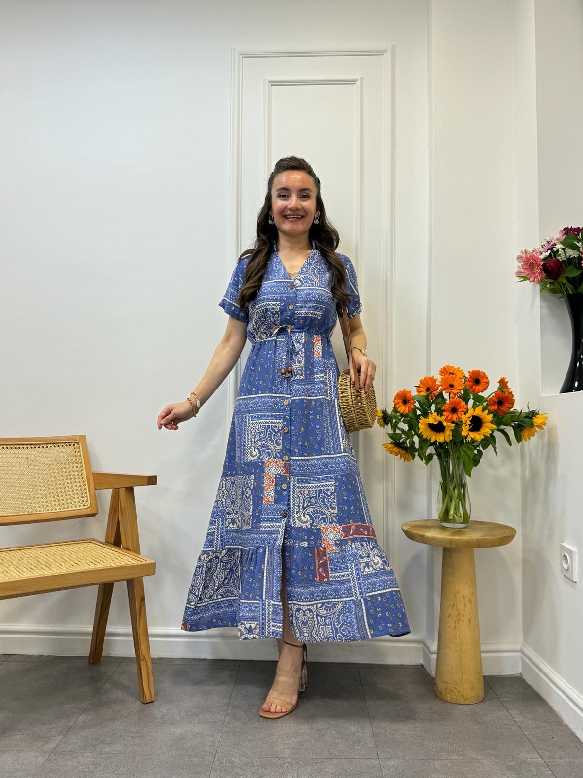 İndigo Patchwork Desen Bel Bağlamalı Gömlek Elbise 3085