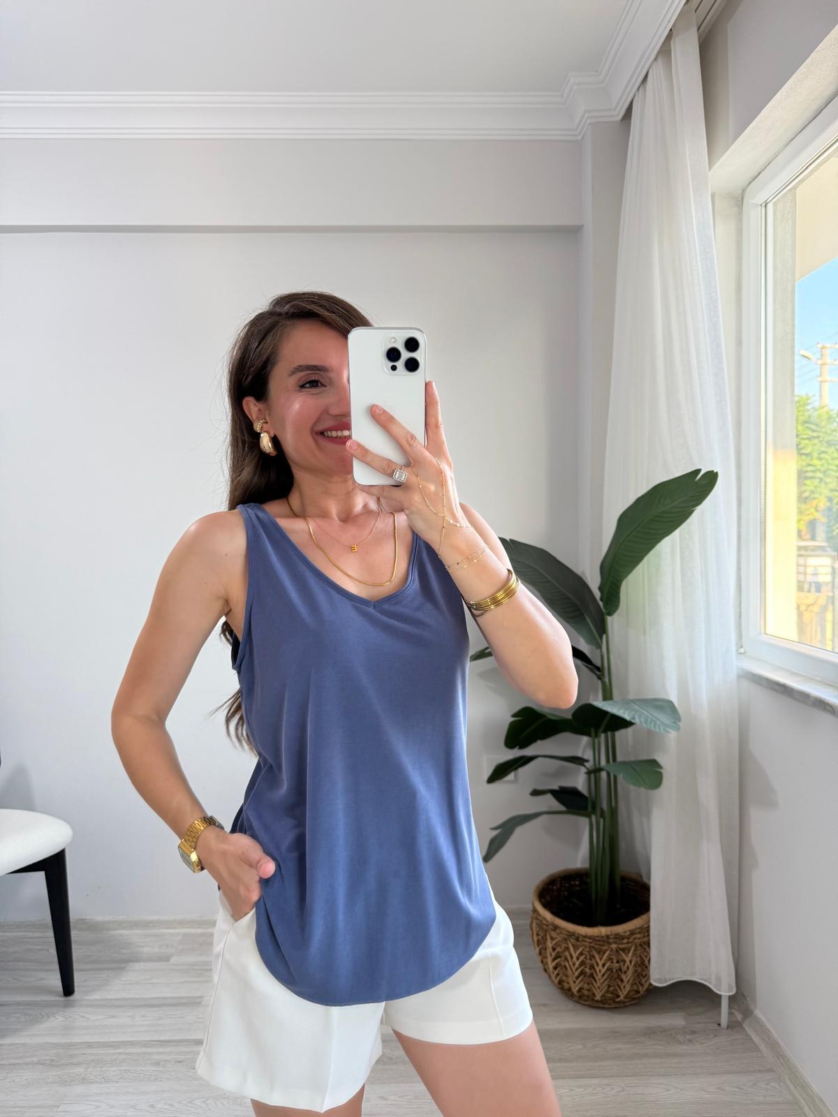 İndigo V Yaka Kalın Askılı Modal Kumaş Atlet 30110