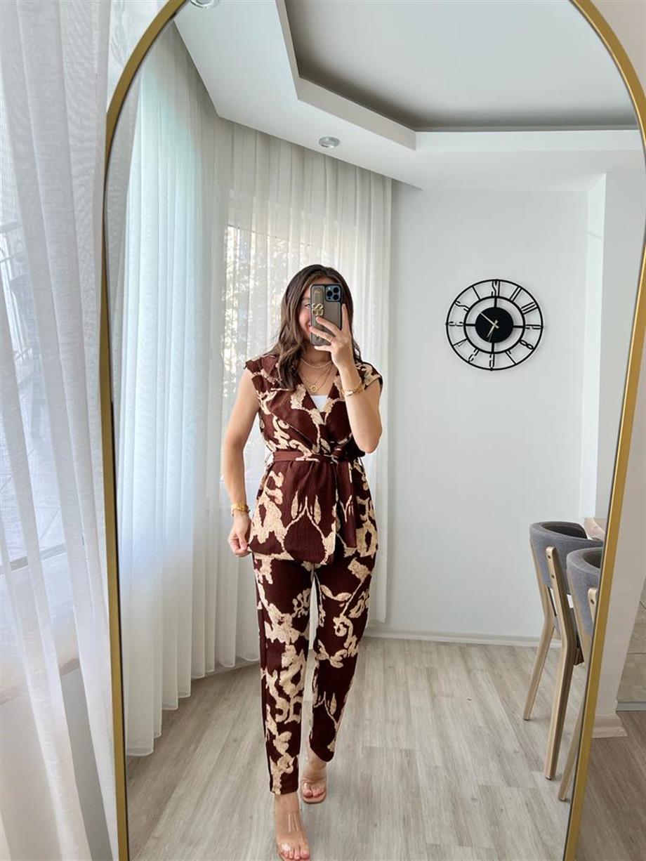 Kahve Desenli Kuşaklı Yelek Pantolon Takım 715