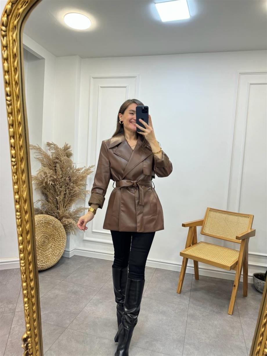 Kahve Marka Premium Seri Suni Deri Kuşaklı Trençkot 9320