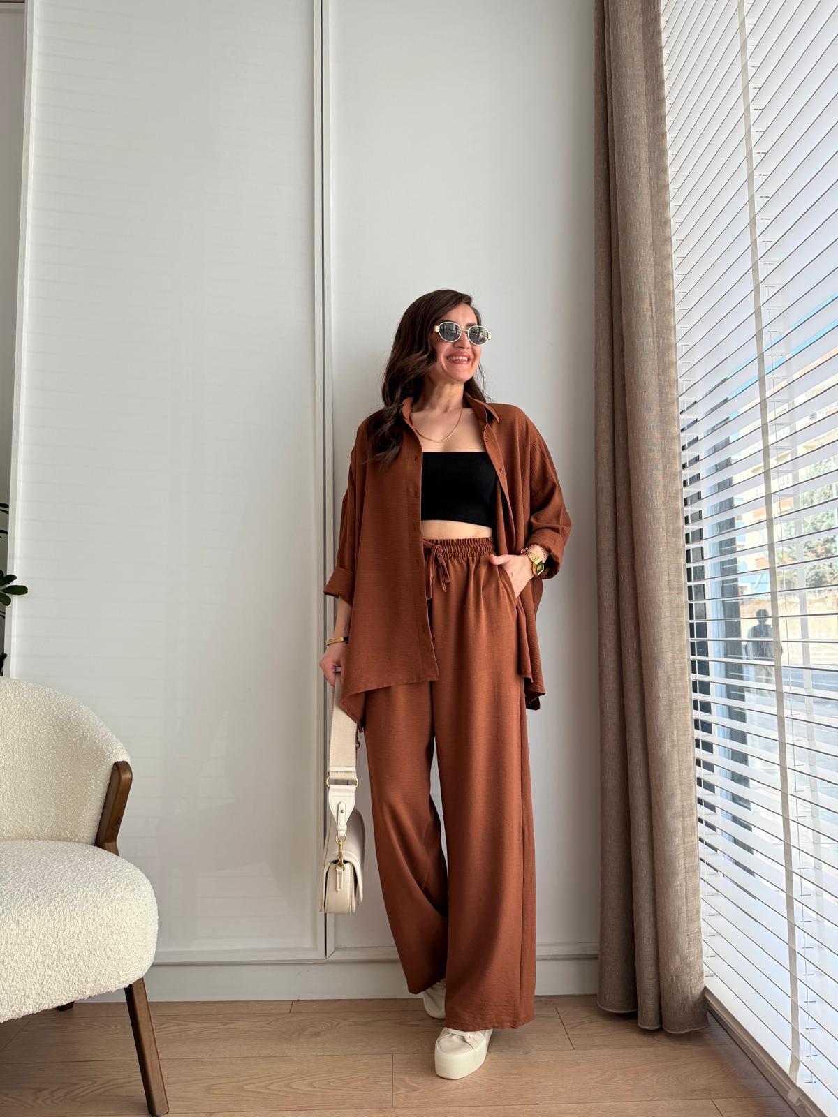 Kahve rengi Aeorobin Kumaş Gömlek Pantolon Takım 6931