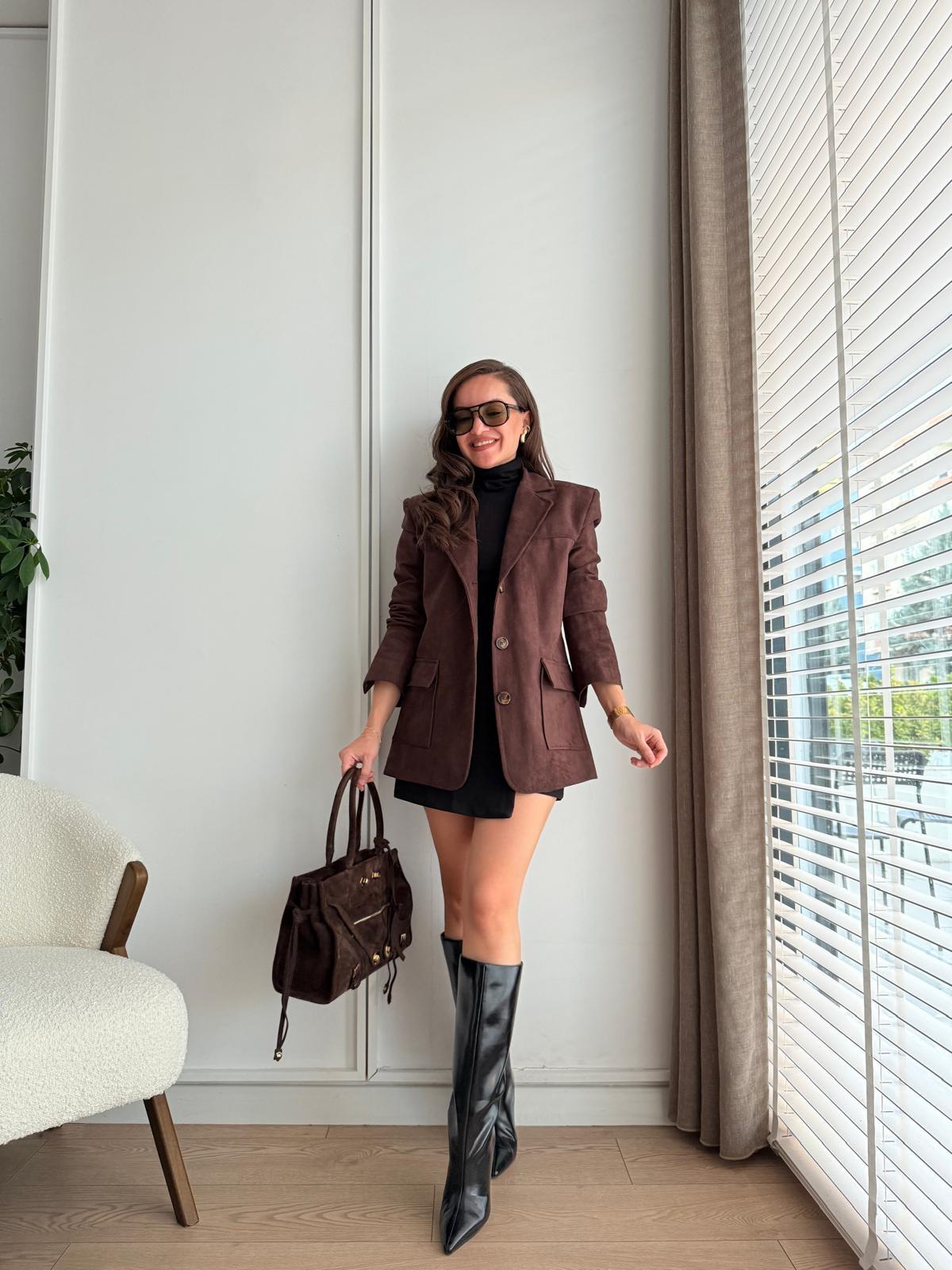 Kahve rengi Arkası Yırtmaçlı Süet Blazer Ceket 17126