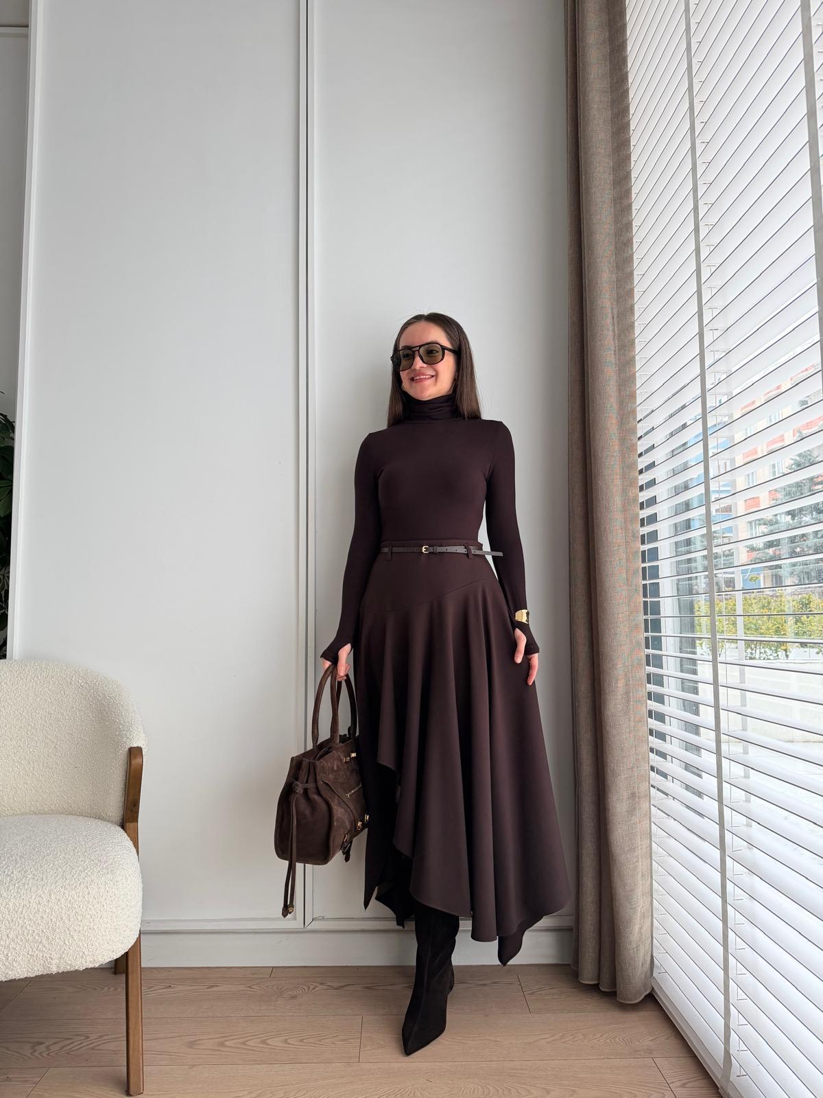 Kahve rengi Asimetrik Kesim Kemerli Etek 37107