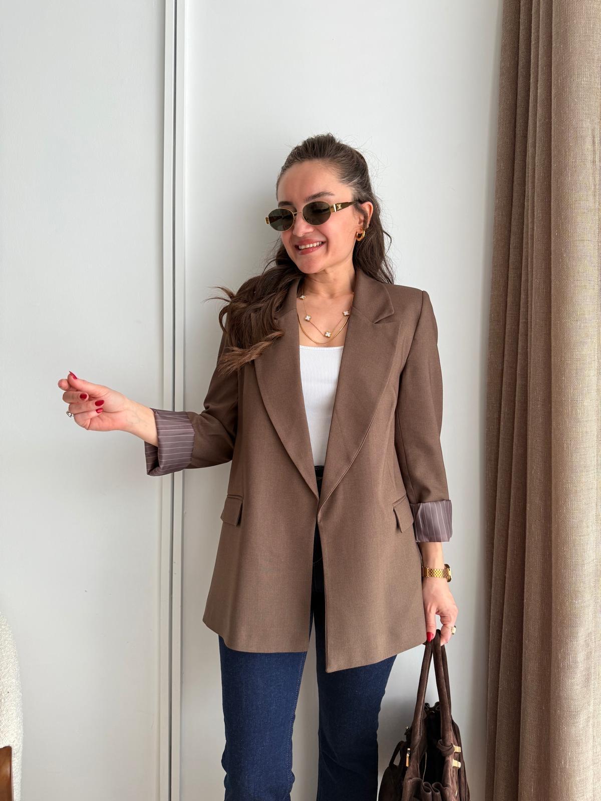 Kahve rengi Astarı Çizgili Keten Ceket 7479
