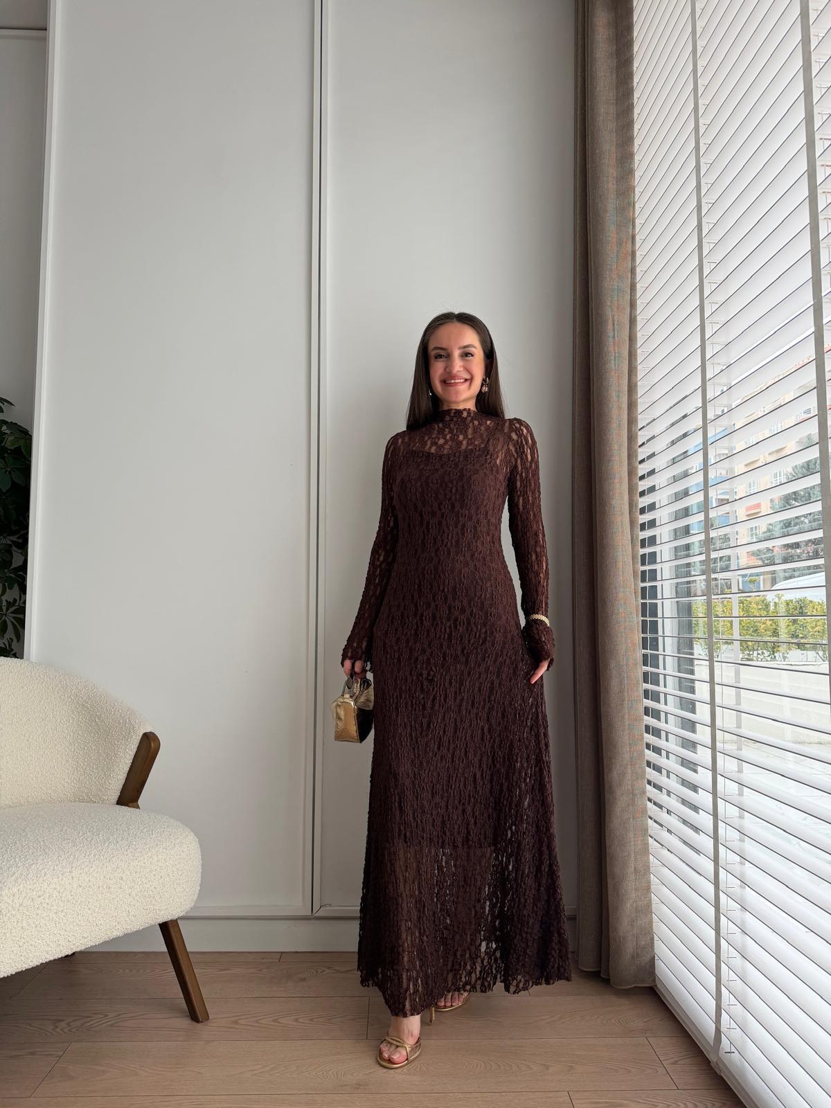 Kahve rengi Astarlı Güpür Elbise 112110