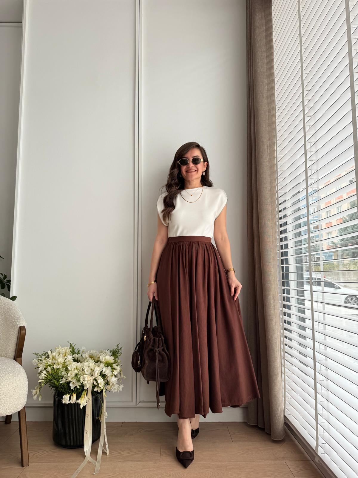 Kahve rengi Astarlı Kloş Etek 250393