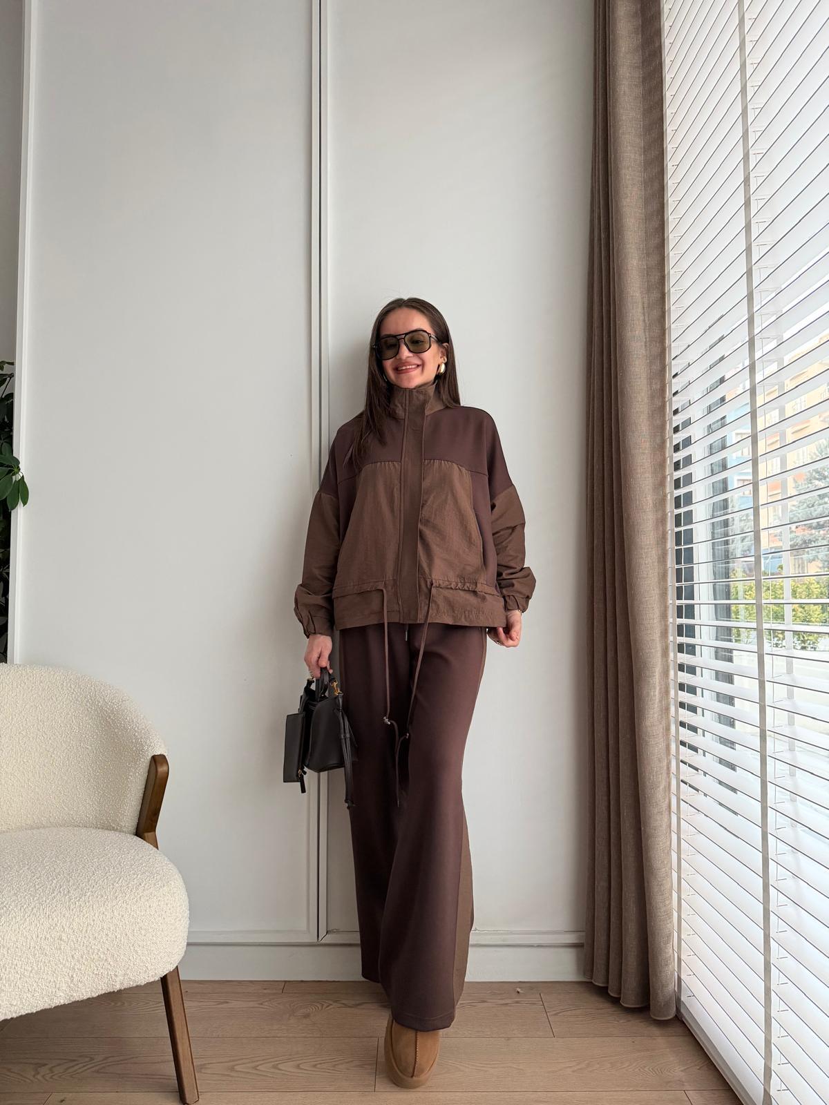 Kahve rengi Astarlı Paraşüt Kumaş Detaylı Ceket Pantolon Takım 36851