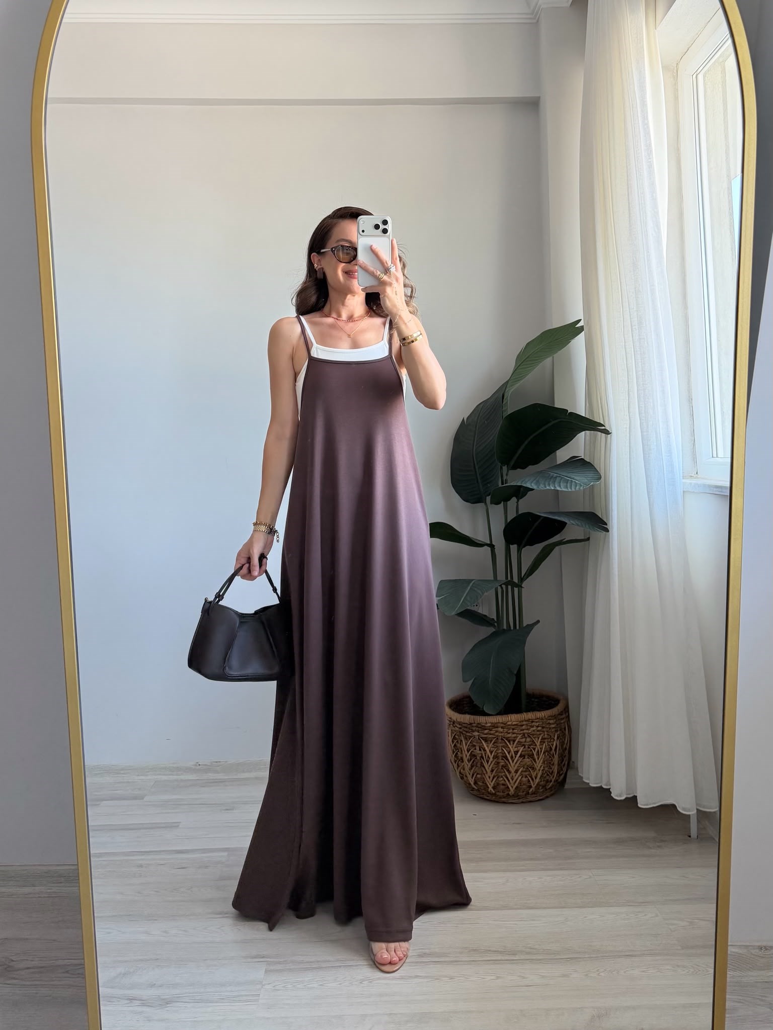 Kahve rengi Atletli Modal Askılı Elbise 4171