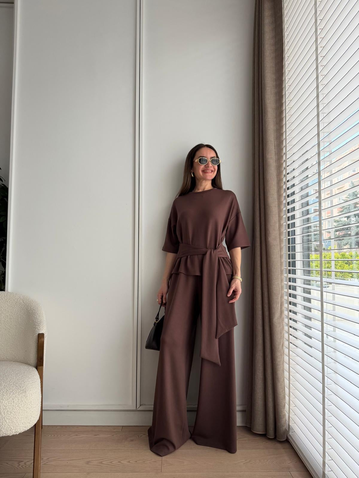 Kahve rengi Bağlama Detaylı Bluz Pantolon Takım 4114