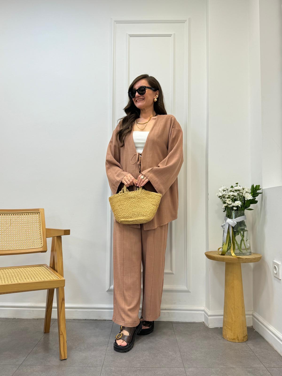 Kahve rengi Bağlama Detaylı Kimono Pantolon Takım 9262