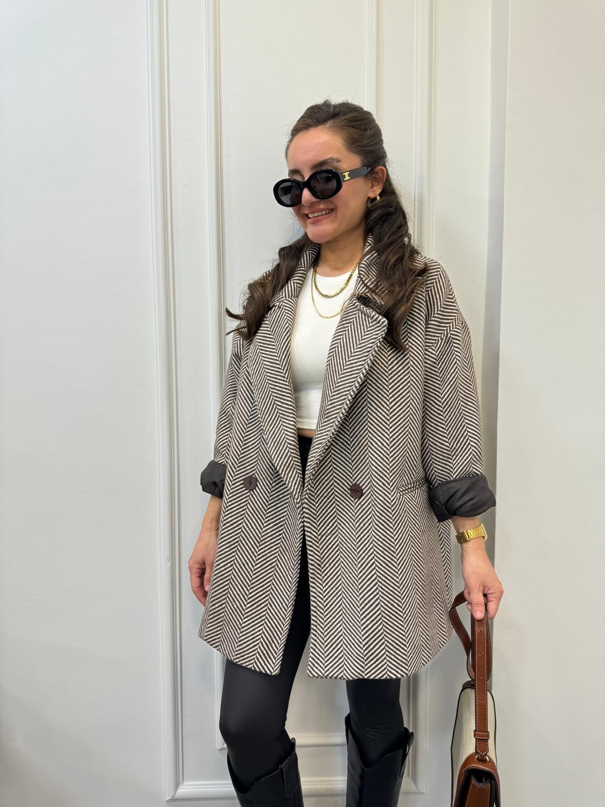 Kahve rengi Balık Sırtı Oversize Astarlı Kaban 9252