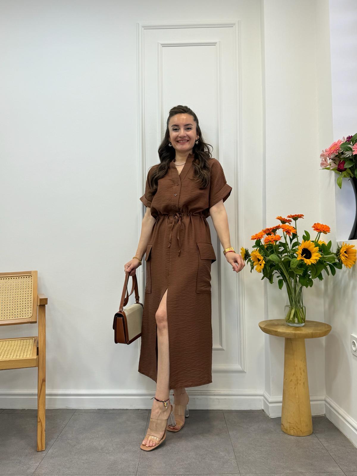 Kahve rengi Bel Bağlamalı Kargo Cepli Elbise 3112