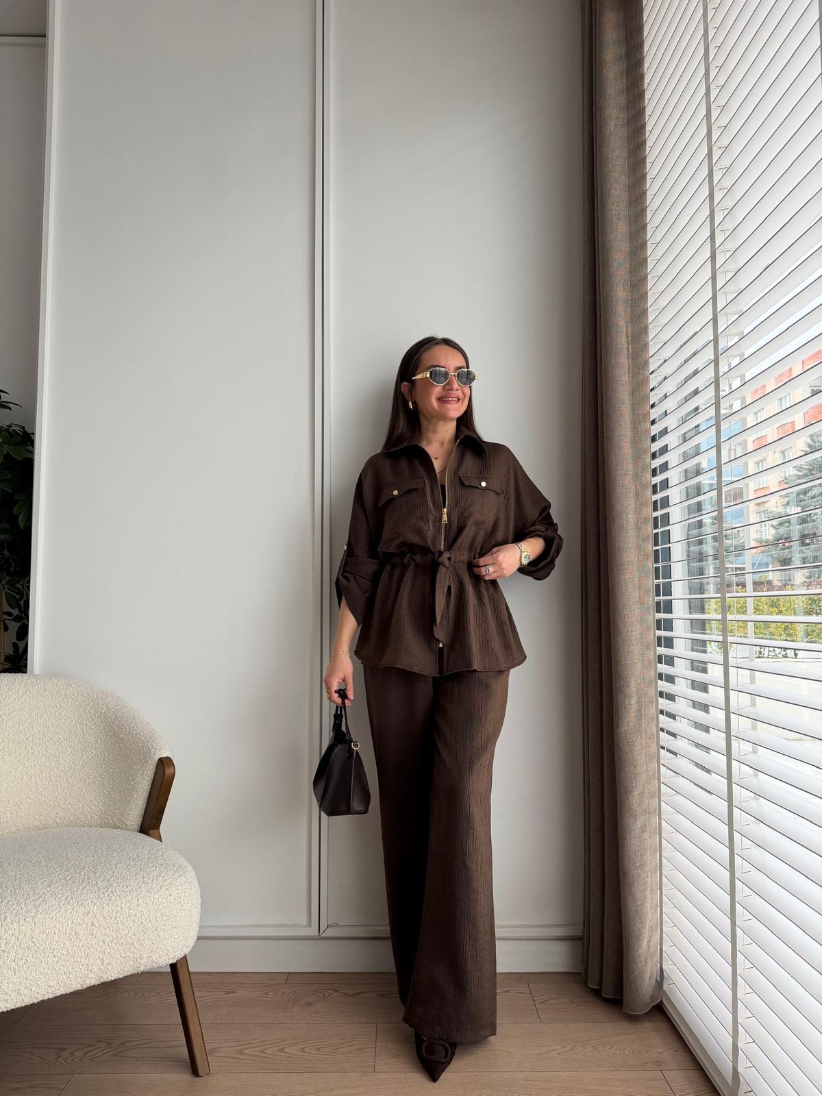 Kahve rengi Bel Bağlamalı Parlak Ceket Pantolon Takım 51279