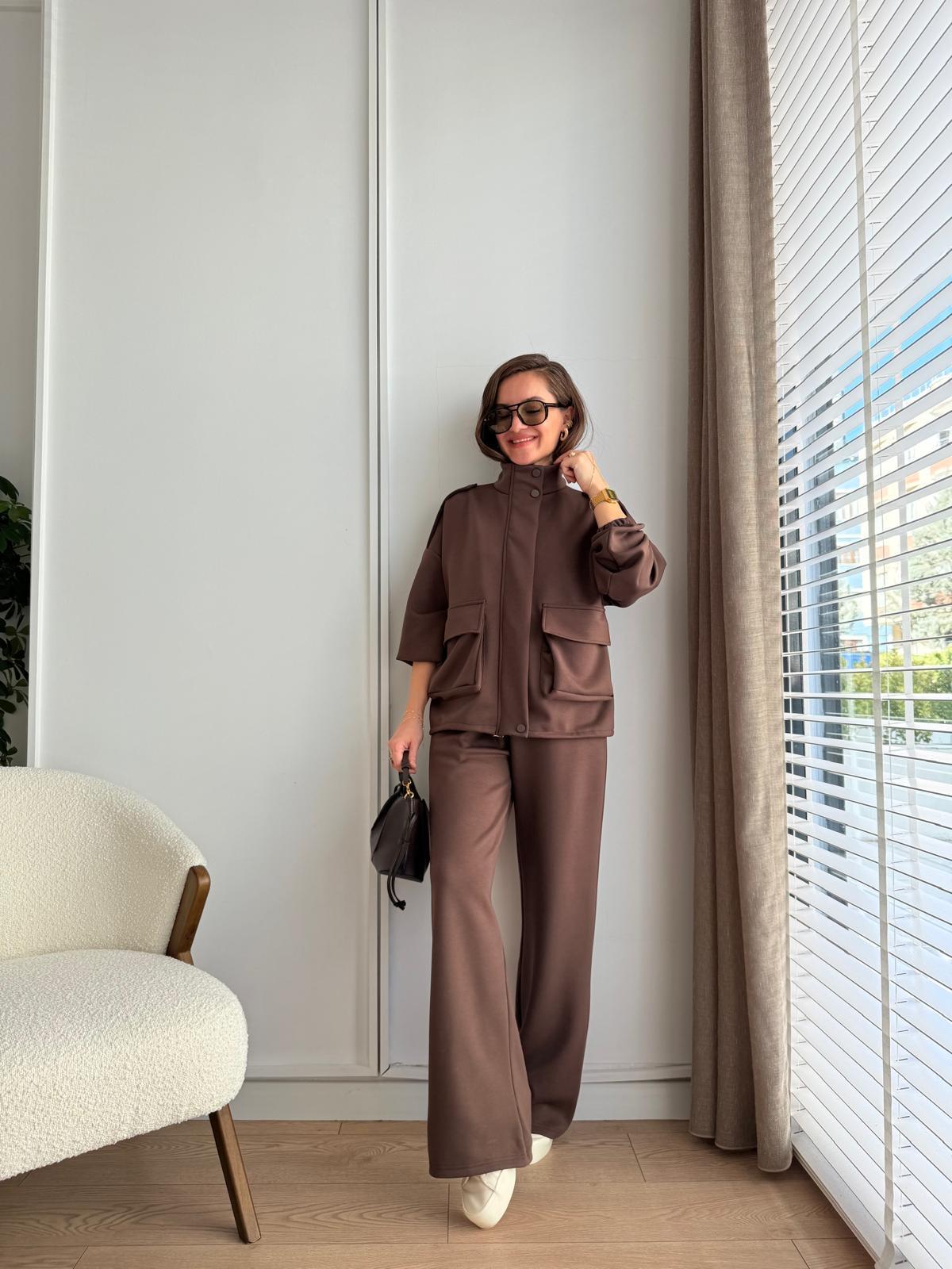 Kahve rengi Bel Büzgü Detaylı Cepli Modal Takım 1108