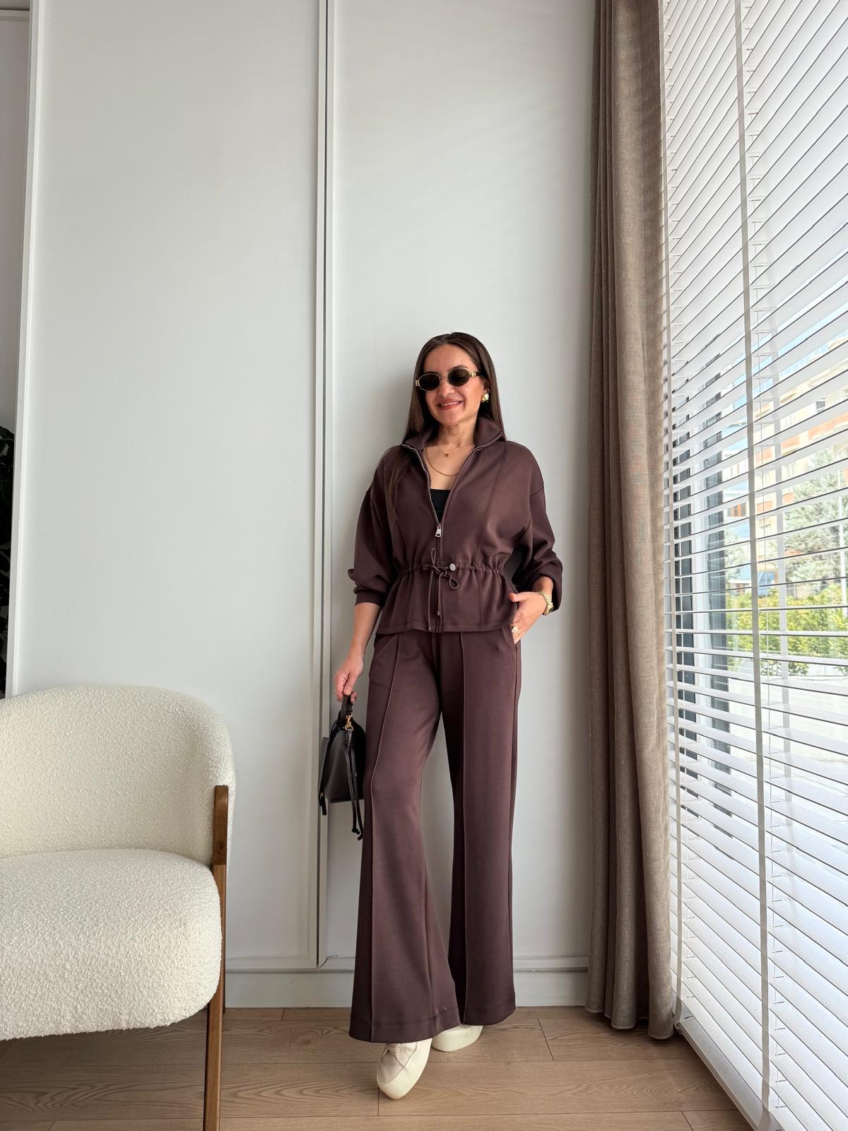Kahve rengi Bel Detaylı Fermuarlı Modal Takım 17113