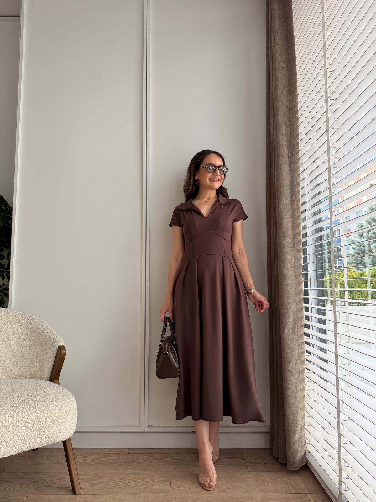 Kahve rengi Bel Detaylı Polo Yaka Cepli Modal Elbise 4129