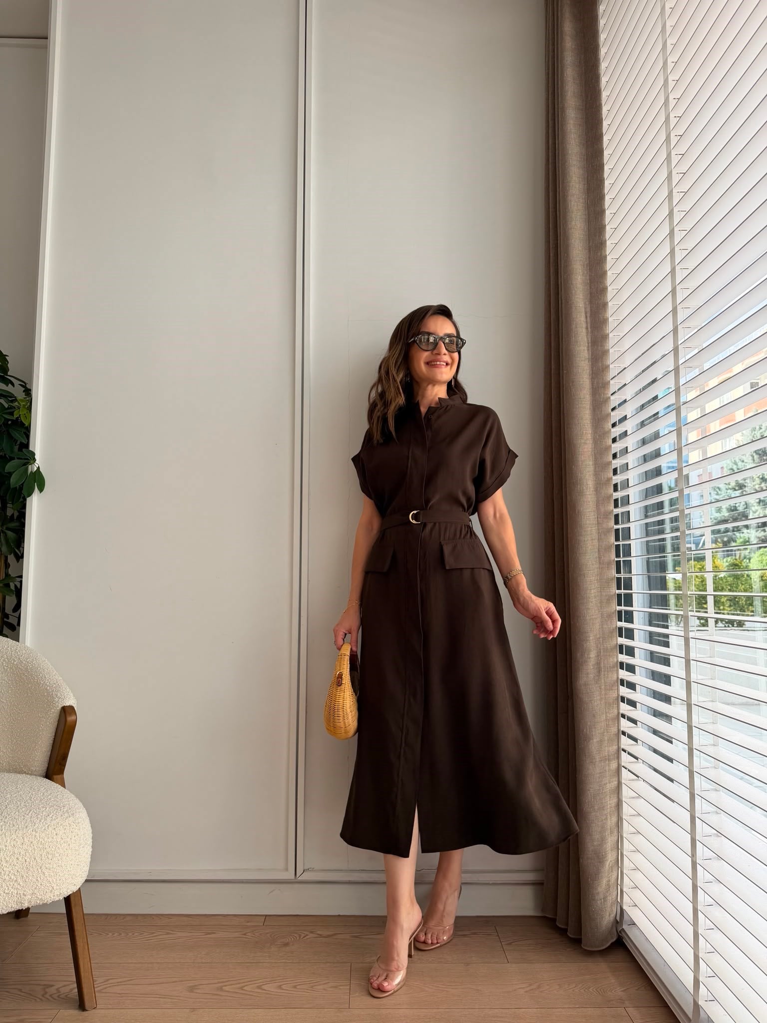 Kahve rengi Bel Lastikli Cep Detaylı Tensel Elbise 2427