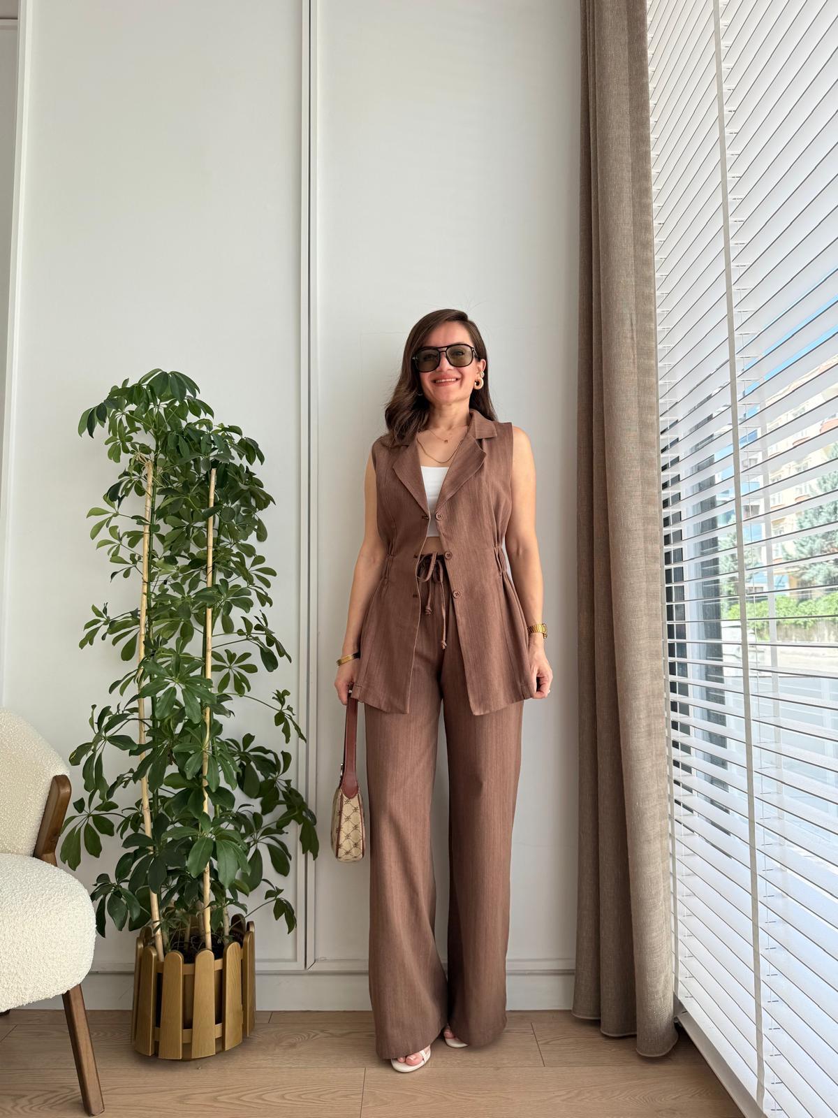 Kahve rengi Bel Lastikli Keten Yelek Pantolon Takım 8704