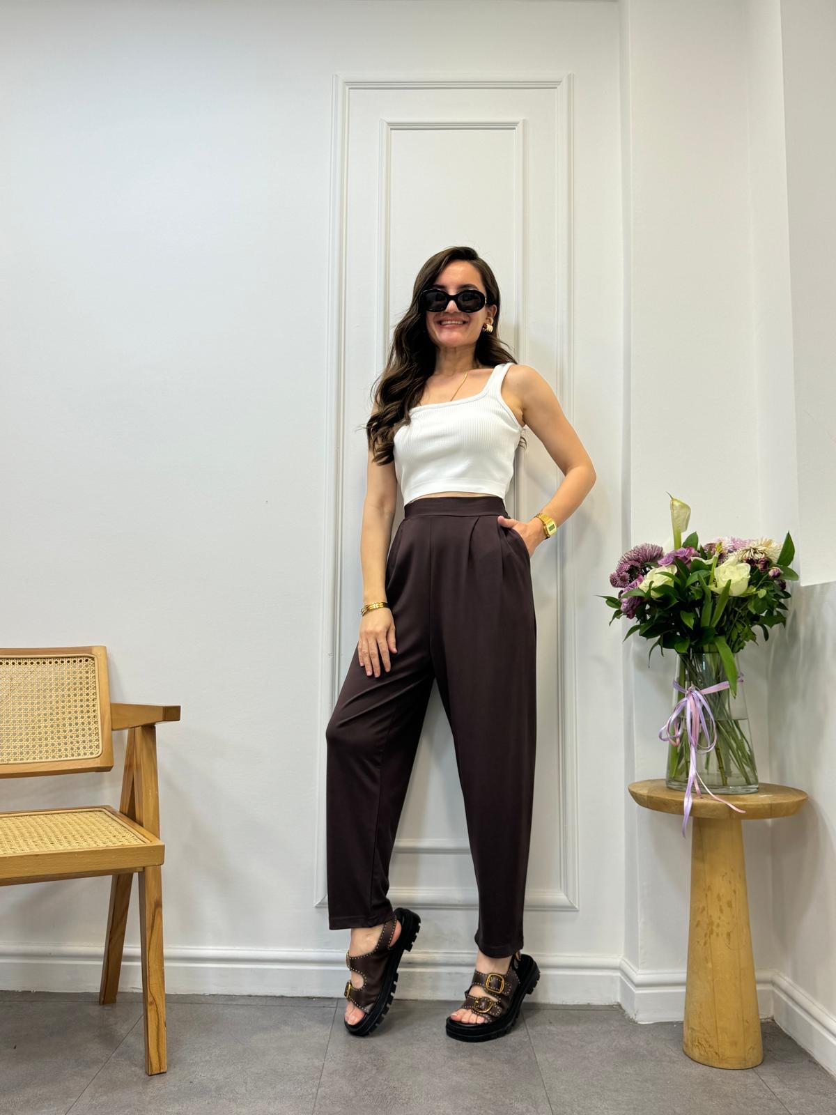 Kahve rengi Beli Lastikli Modal Kumaş Şalvar Pantolon 0824