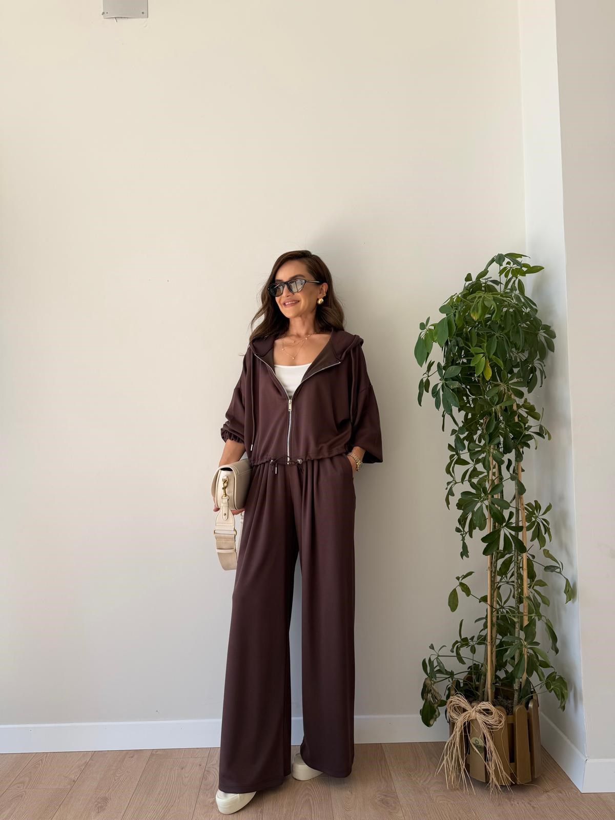 Kahve rengi Beli Lastikli Modal Kumaş Takım 4191