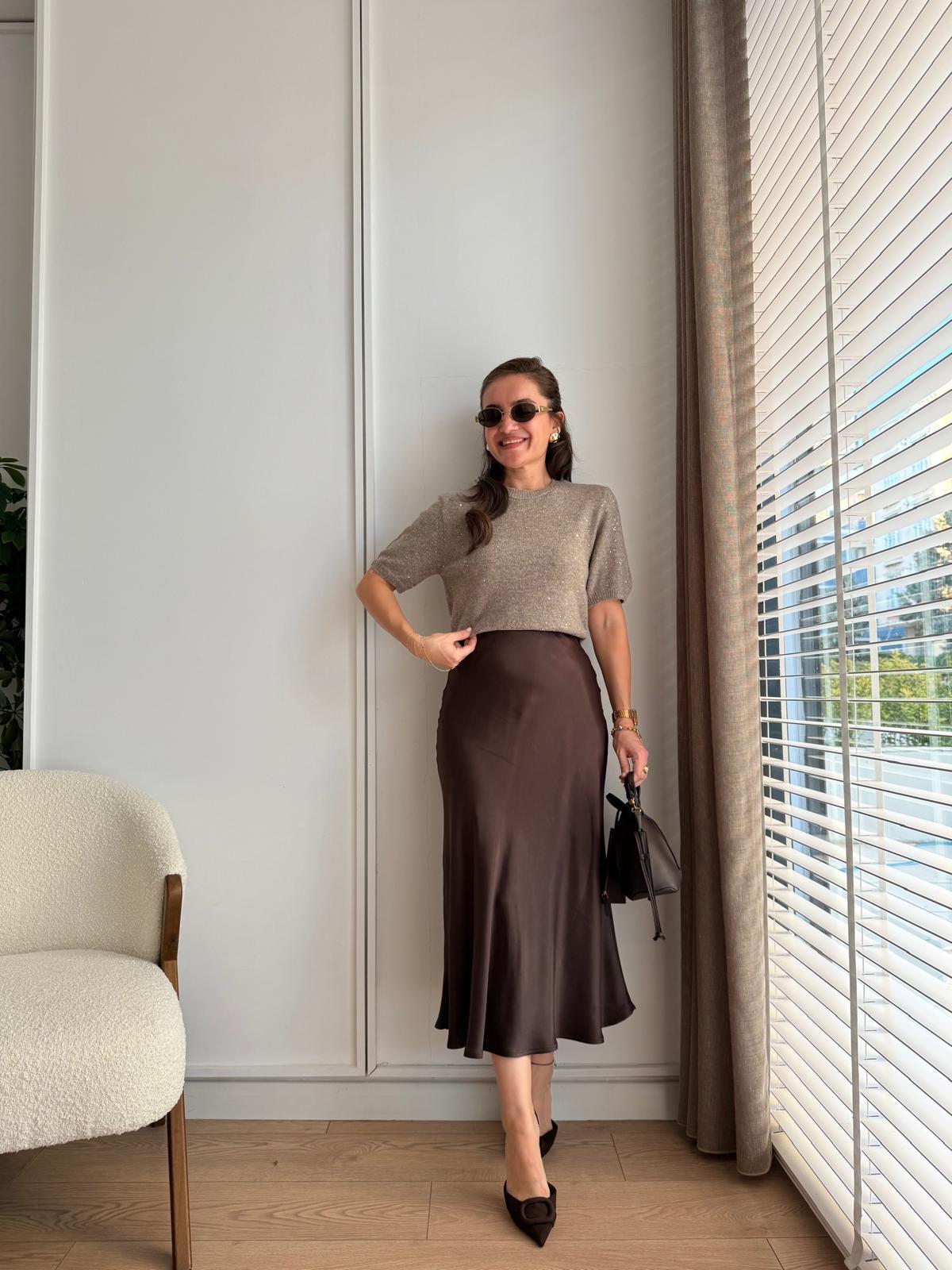 Kahve rengi Beli Lastikli Saten Etek 6025