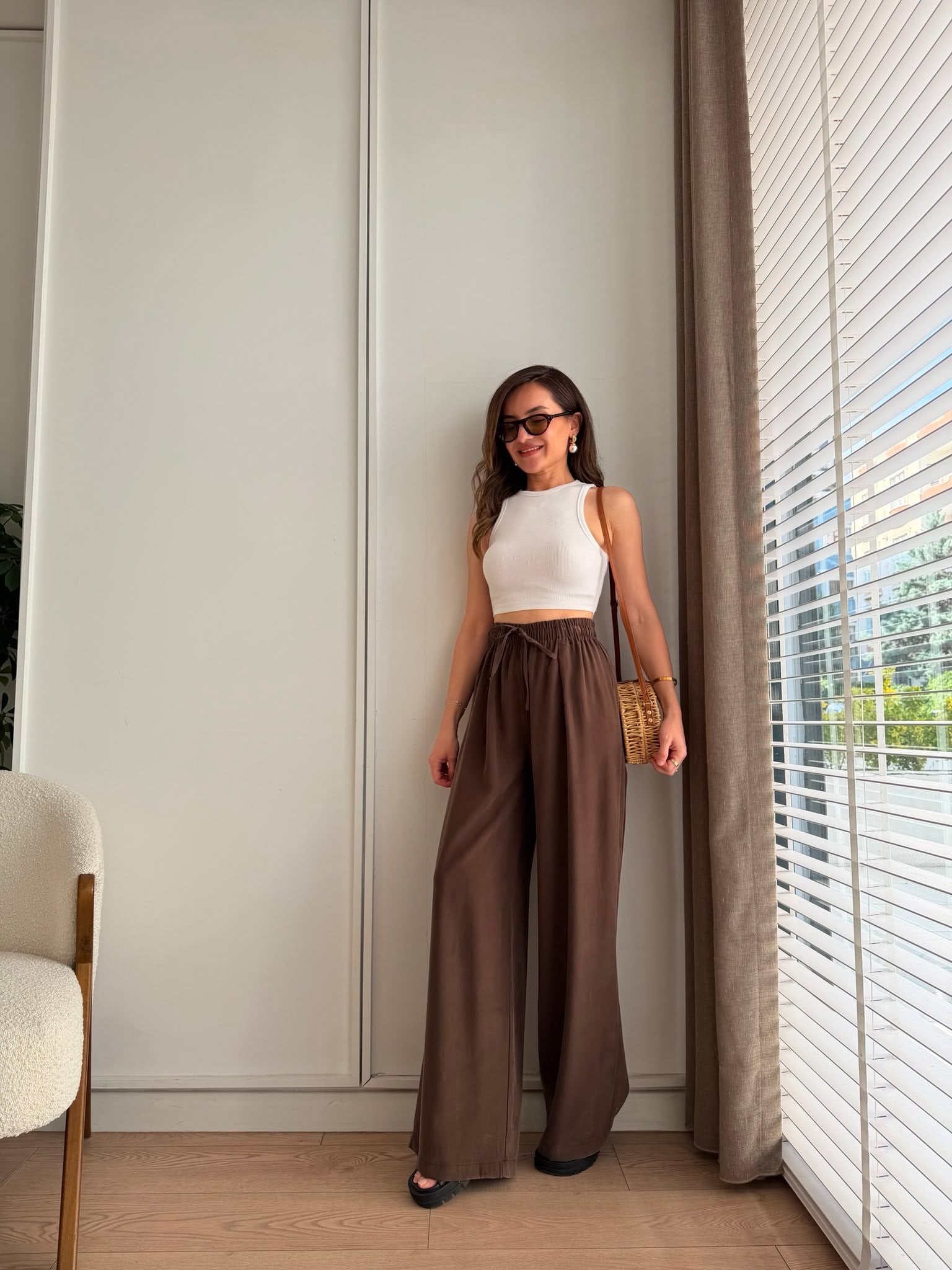 Kahve rengi Beli Lastikli Tensel Palazzo Pantolon 3950