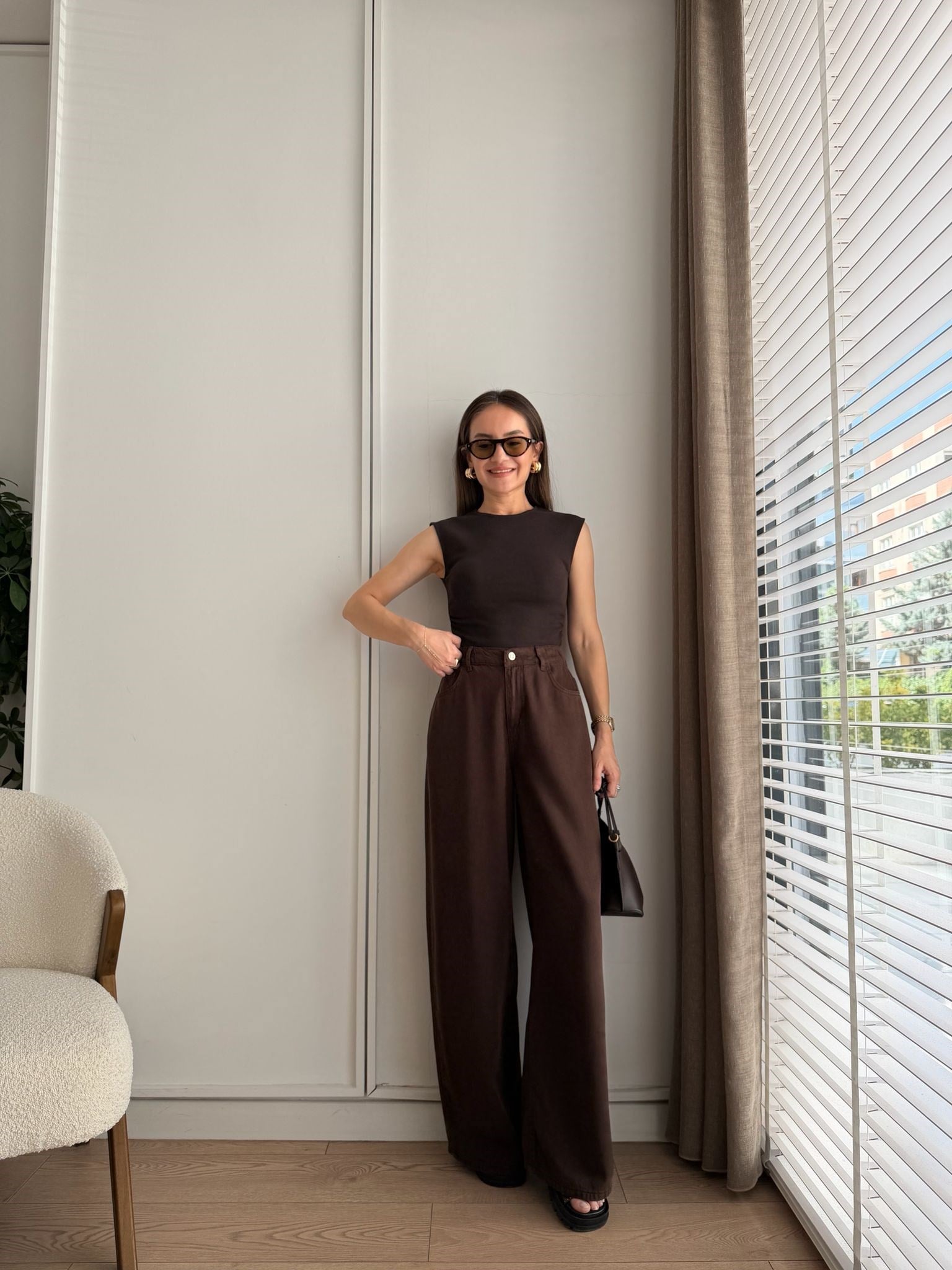 Kahve rengi Beli Lastikli Tensel Palazzo Jean 1071