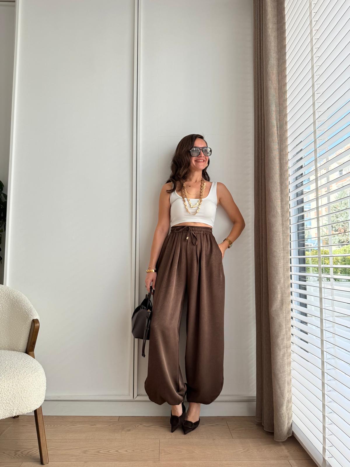 Kahve rengi Bilek Detaylı Saten Şalvar Pantolon 51199