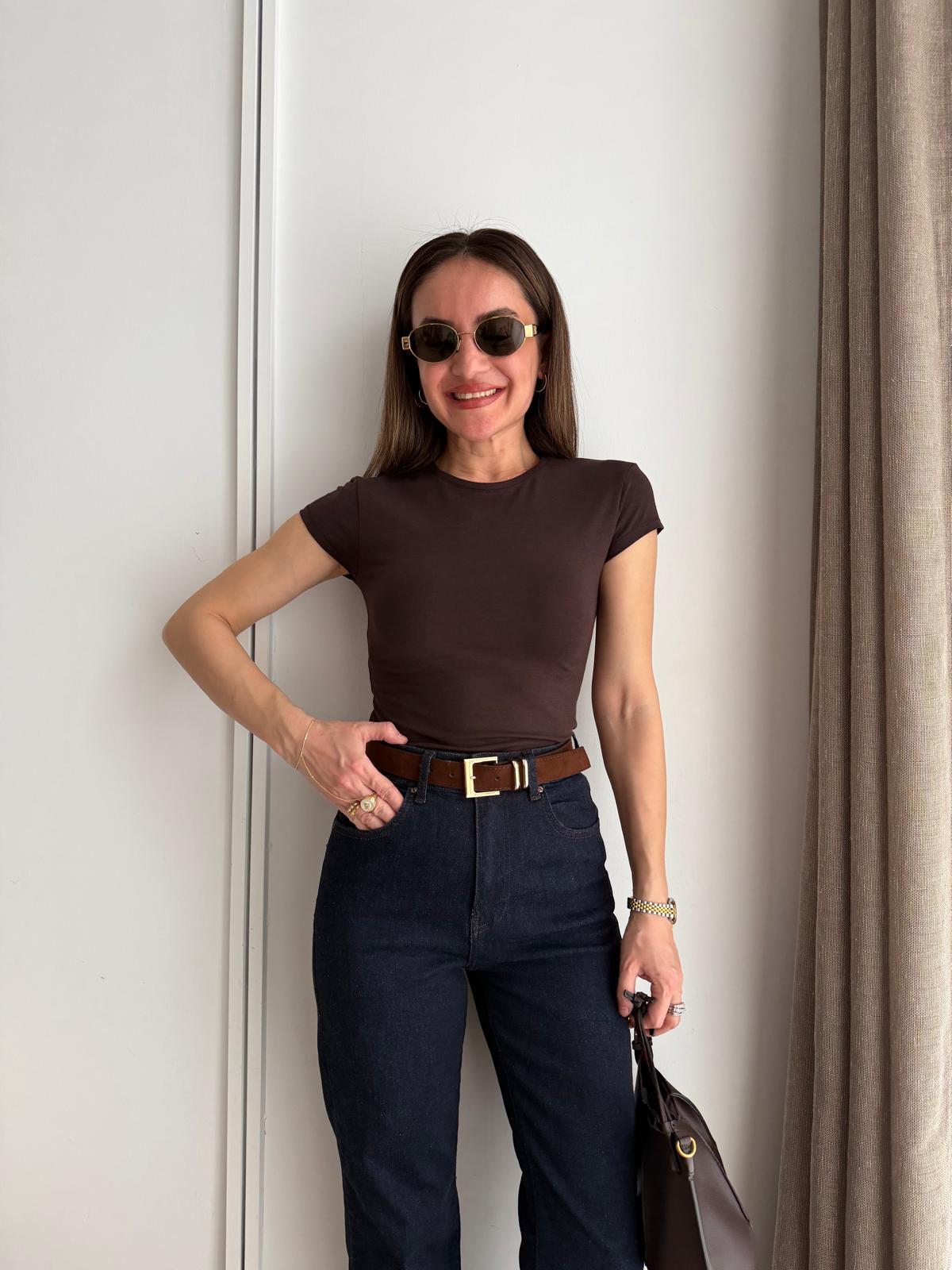 Kahve rengi Bisiklet Yaka Basic Tshirt 32761