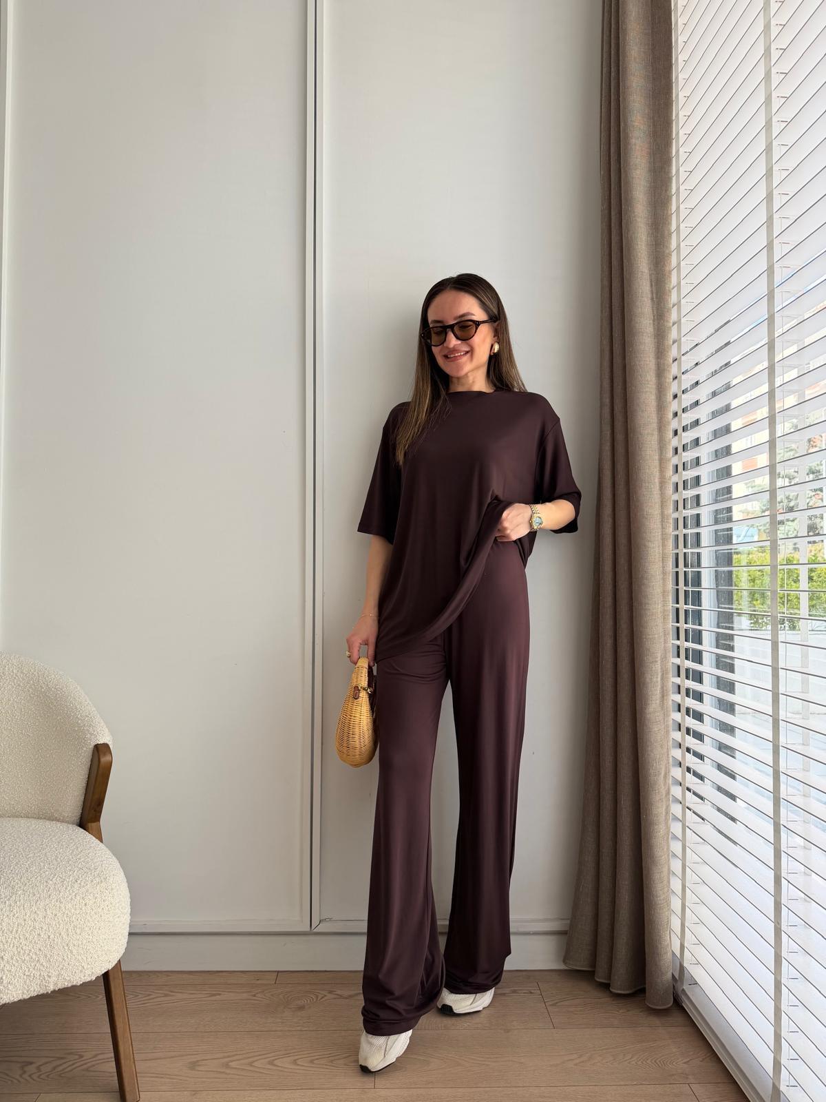 Kahve rengi Bisiklet Yaka Modal Kumaş Takım 37290