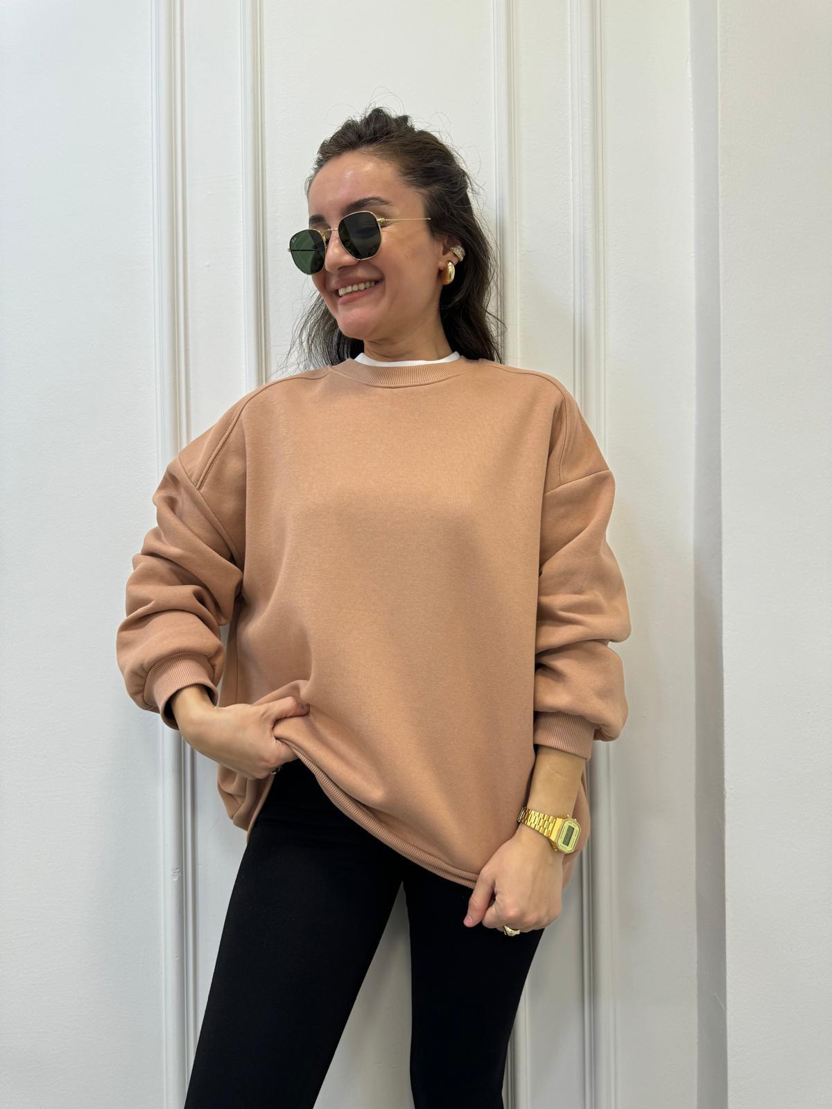 Kahve rengi Bisiklet Yaka Şardonlu Sweatshırt 241002