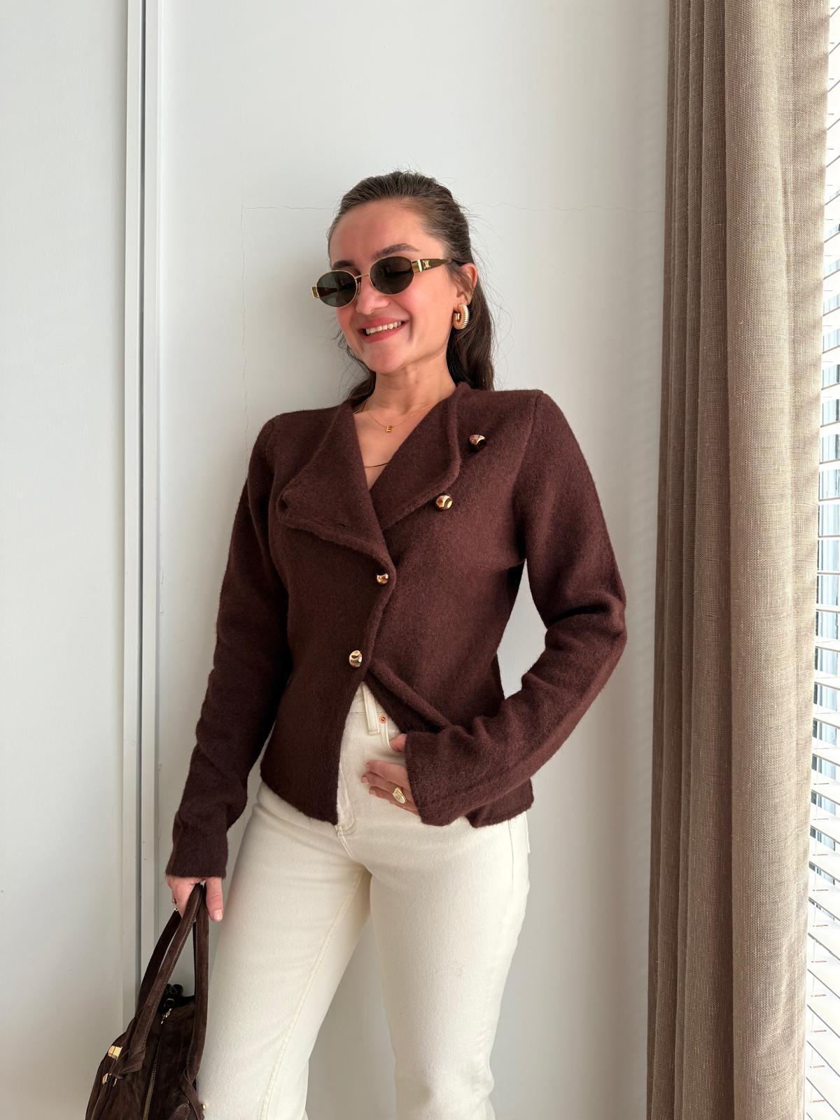 Kahve rengi Çapraz Gold Düğmeli Hırka 4897