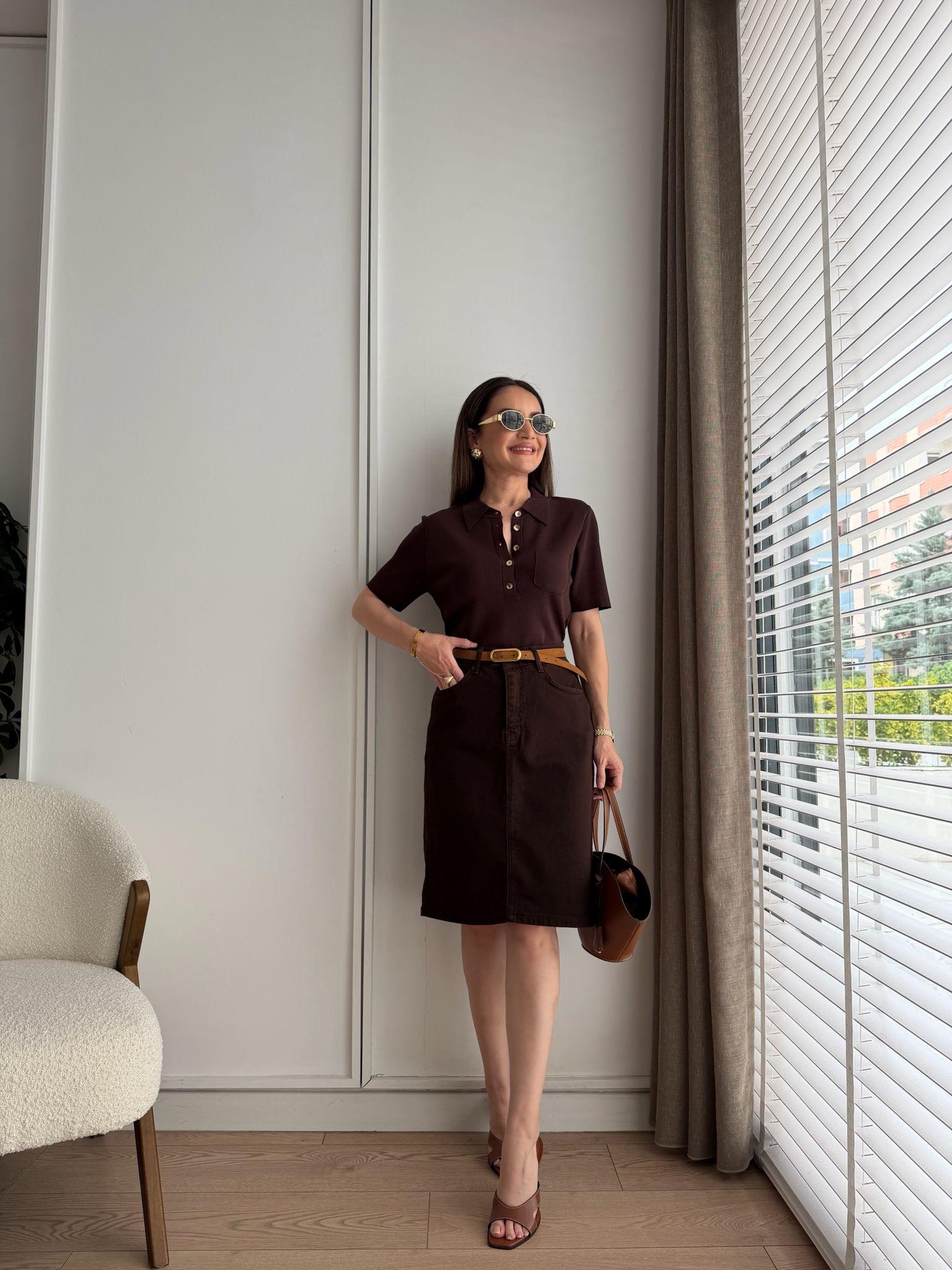 Kahve rengi Cepli Denim Kemerli Etek KA1039