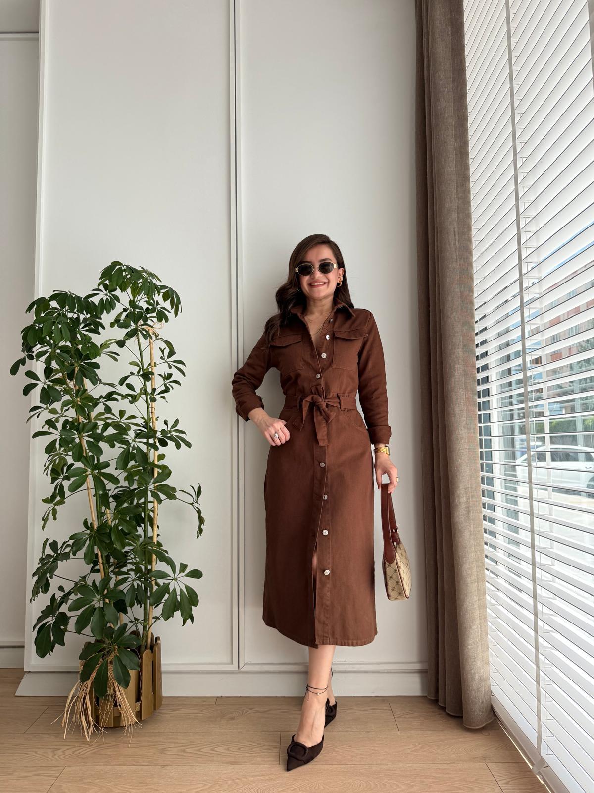 Kahve rengi Cepli Kuşaklı Gabardin Elbise 7338