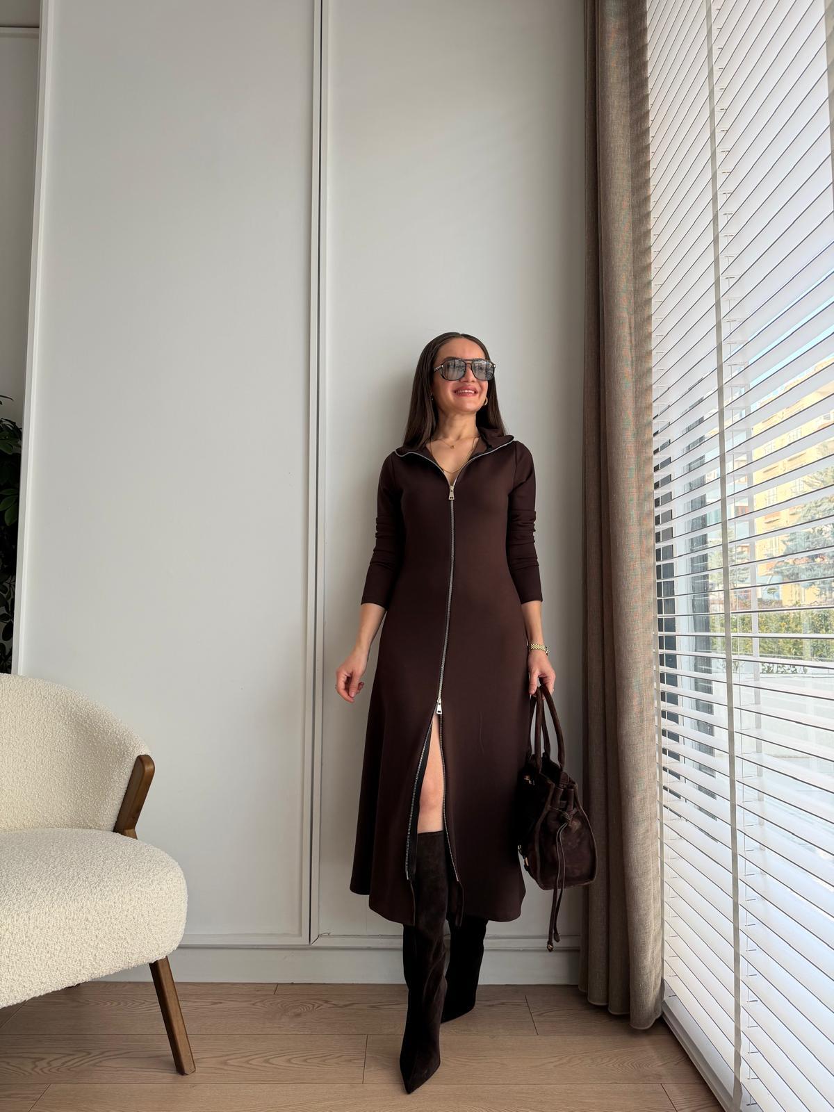 Kahve rengi Çift Fermuarlı Midi Boy Elbise 2323
