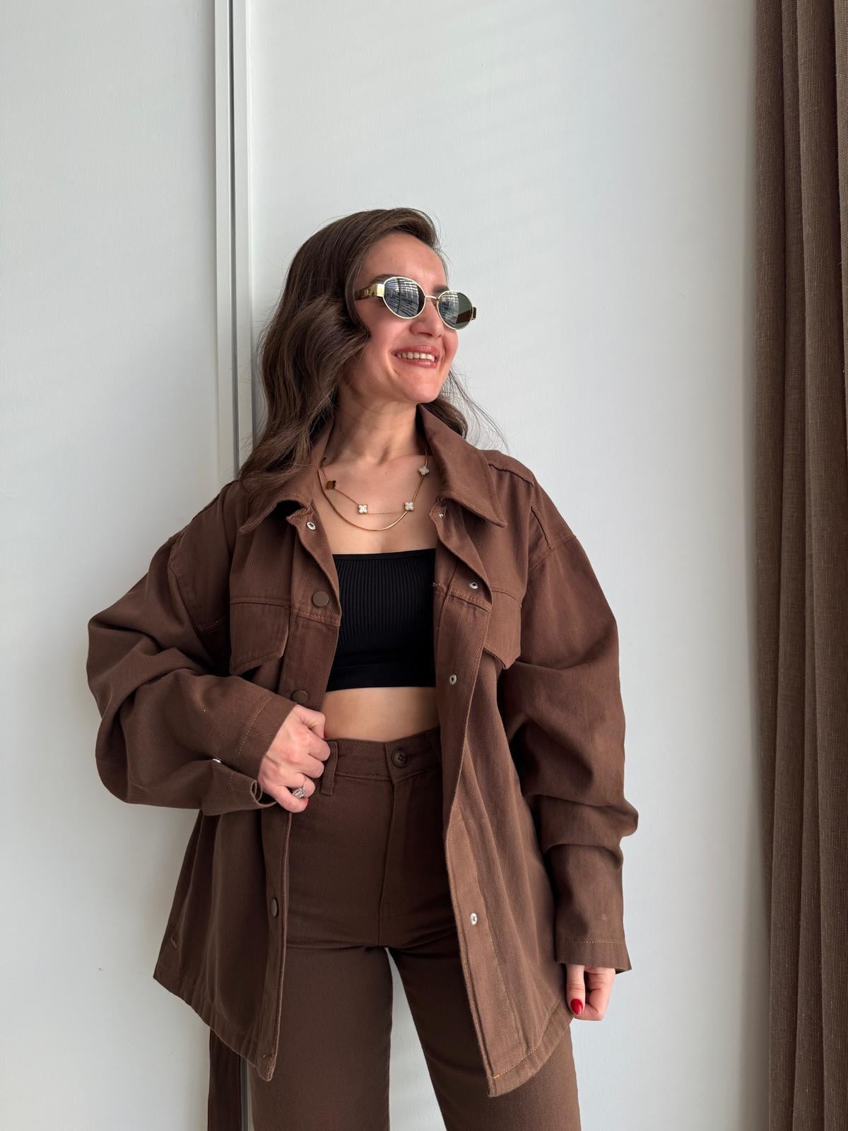 Kahve rengi Çıtçıt Düğmeli Kuşaklı Denim Ceket 7430
