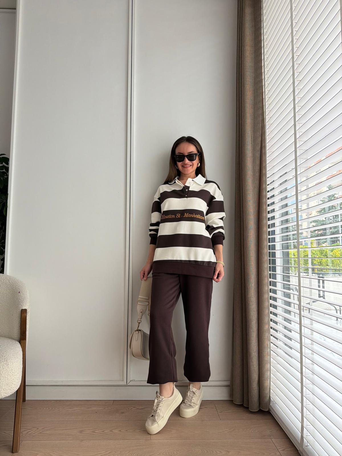Kahve rengi Çizgili Sweatshirt Eşofman Takım 2063