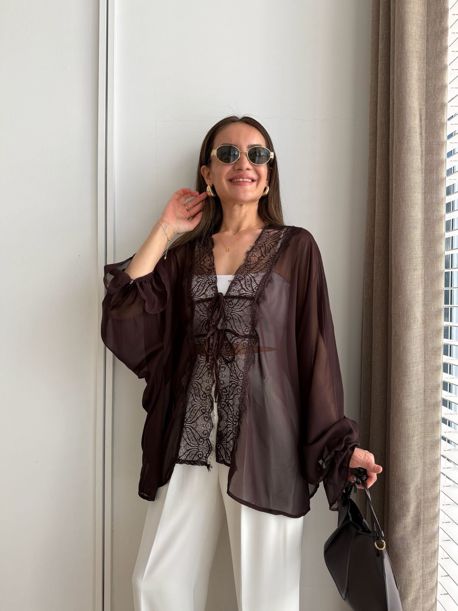 Kahve rengi Dantel Detaylı Bağlamalı Transparan Kimono 1690