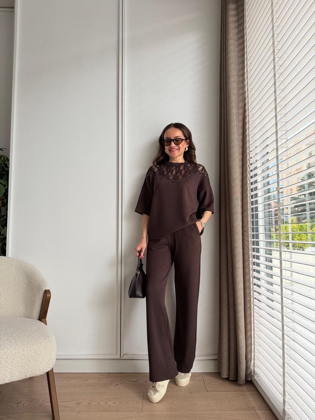 Kahve rengi Dantel Detaylı Taş İşlemeli Modal Takım 2383